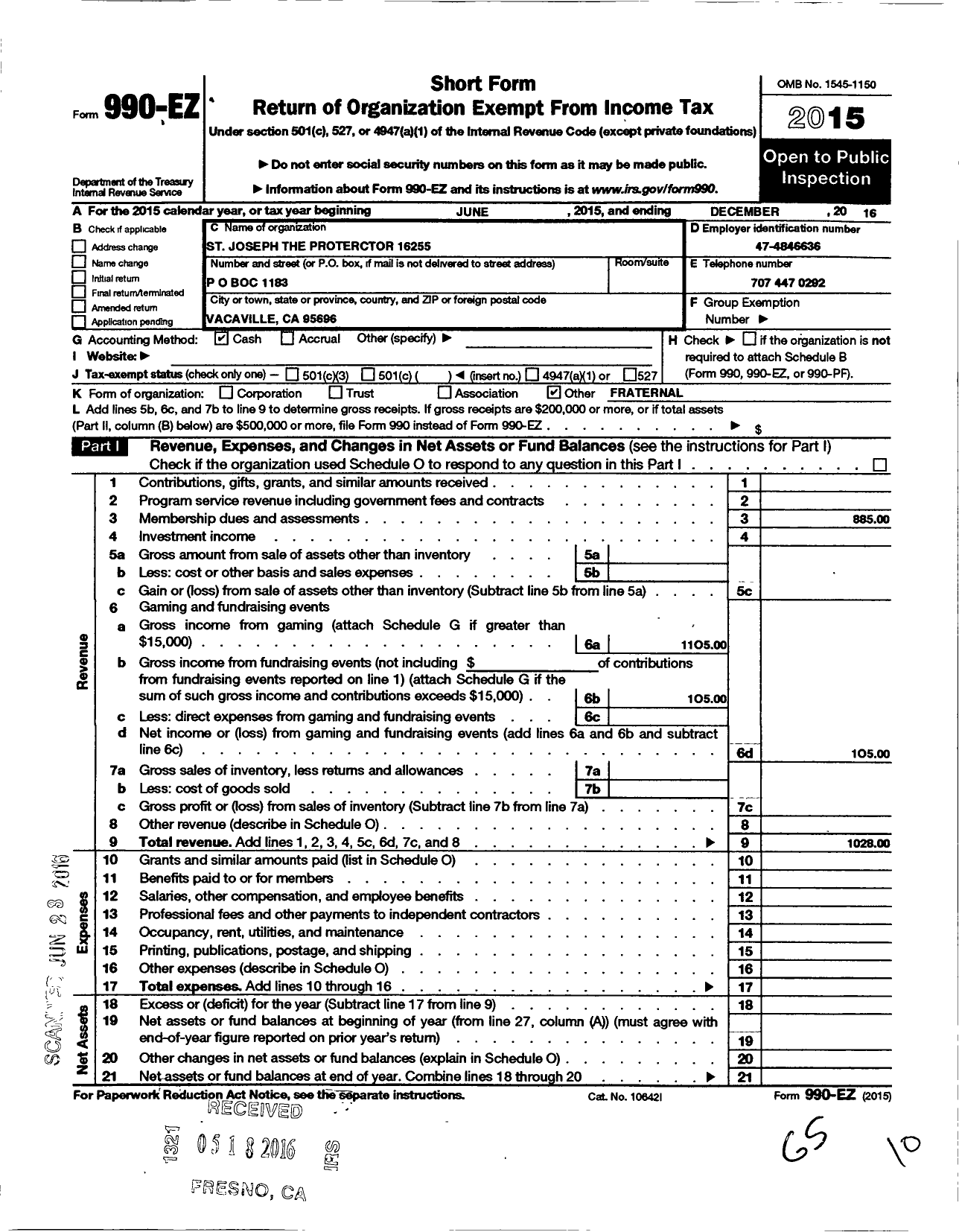 Image of first page of 2016 Form 990EO for Knights of Columbus - 16255 St Joseph the Protector Counc