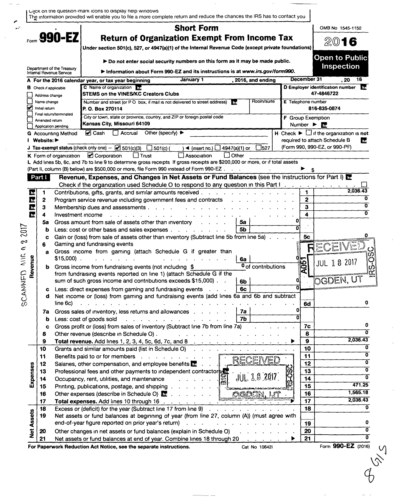 Image of first page of 2016 Form 990EZ for Stems on the Vines