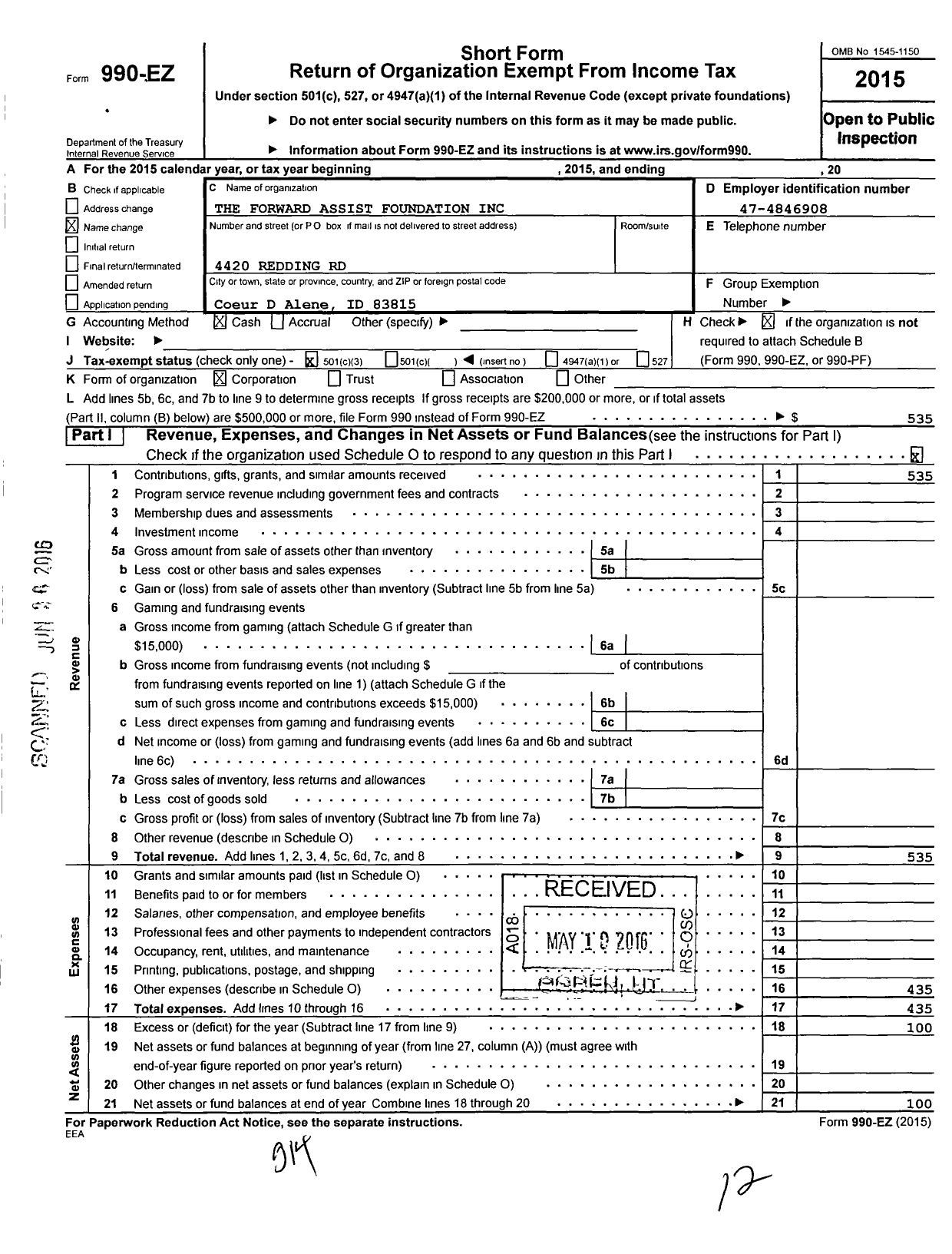 Image of first page of 2015 Form 990EZ for The Forward Assist Foundation