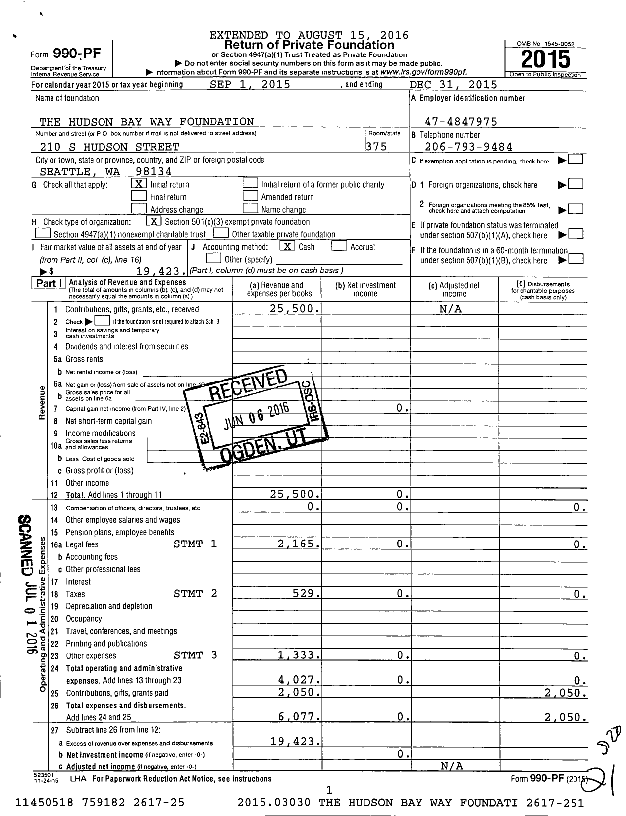 Image of first page of 2015 Form 990PF for Hudson Bay Way Foundation