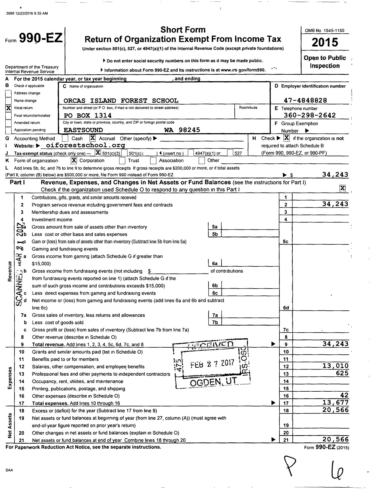 Image of first page of 2015 Form 990EZ for Orcas Island Forest School