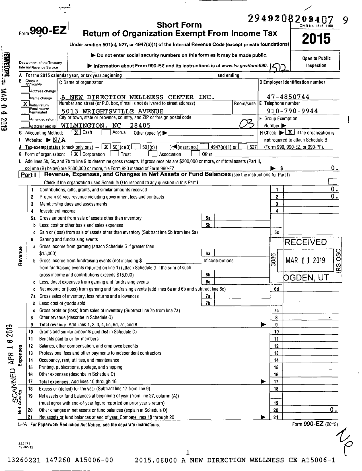 Image of first page of 2015 Form 990EZ for A New Direction Wellness Center