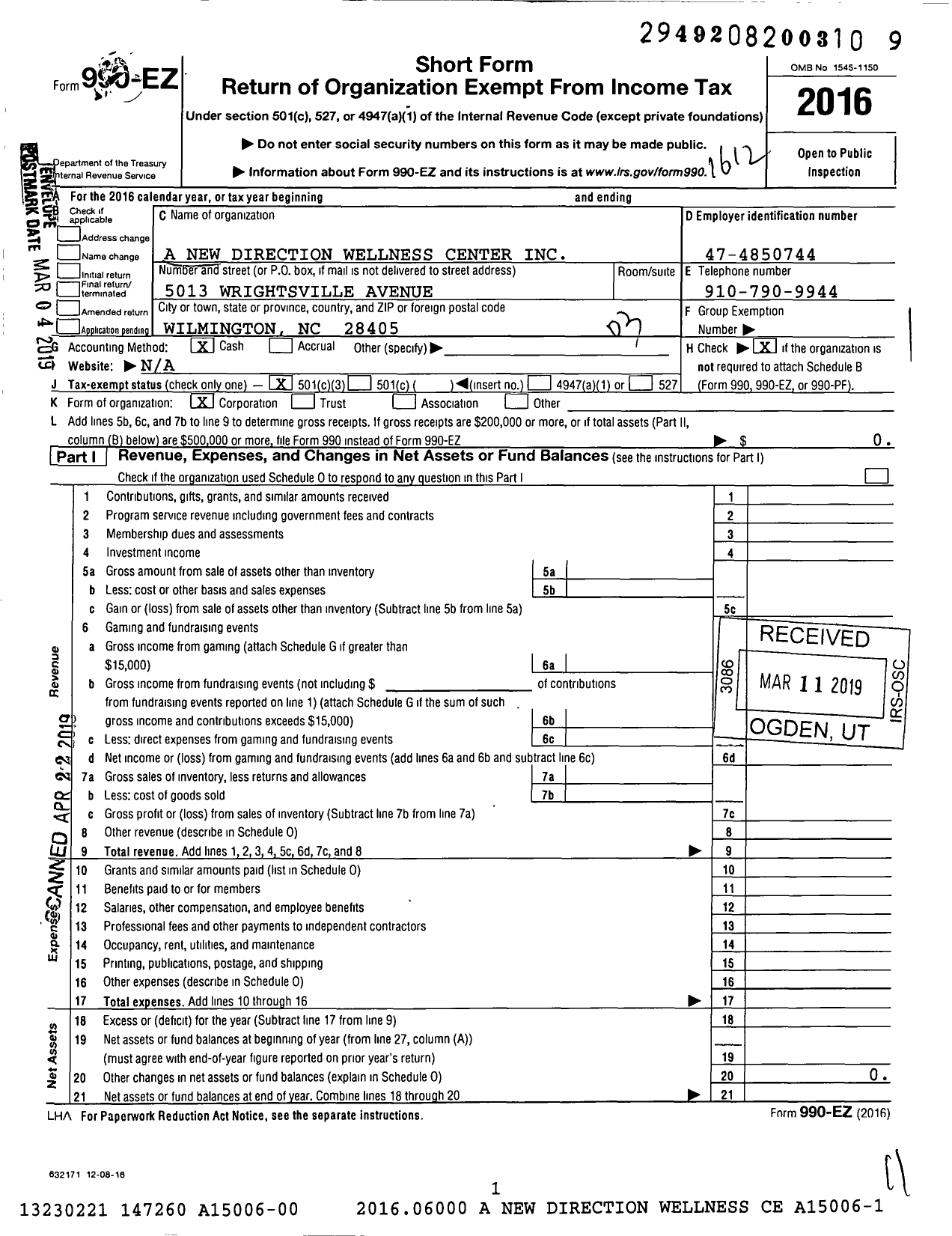 Image of first page of 2016 Form 990EZ for A New Direction Wellness Center