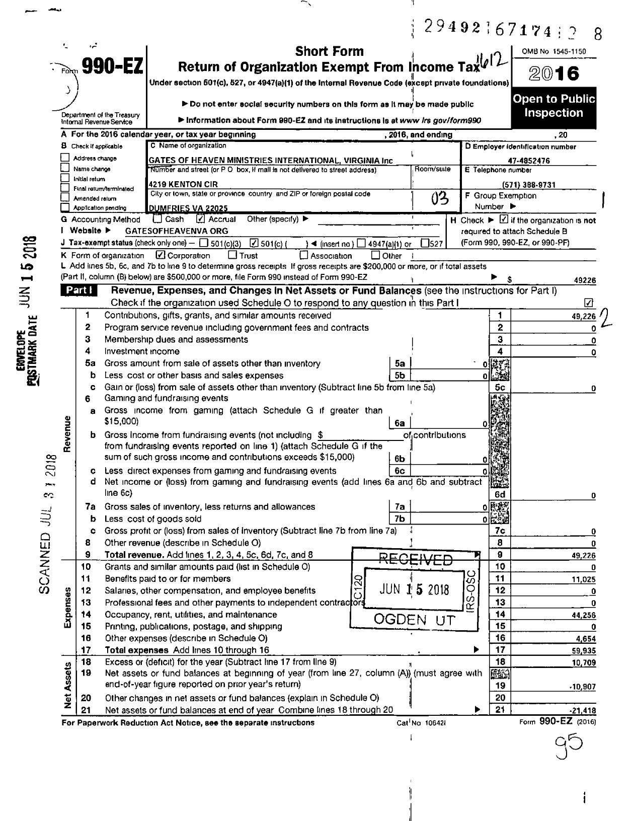 Image of first page of 2016 Form 990EZ for Gates of Heaven Ministries International Virginia