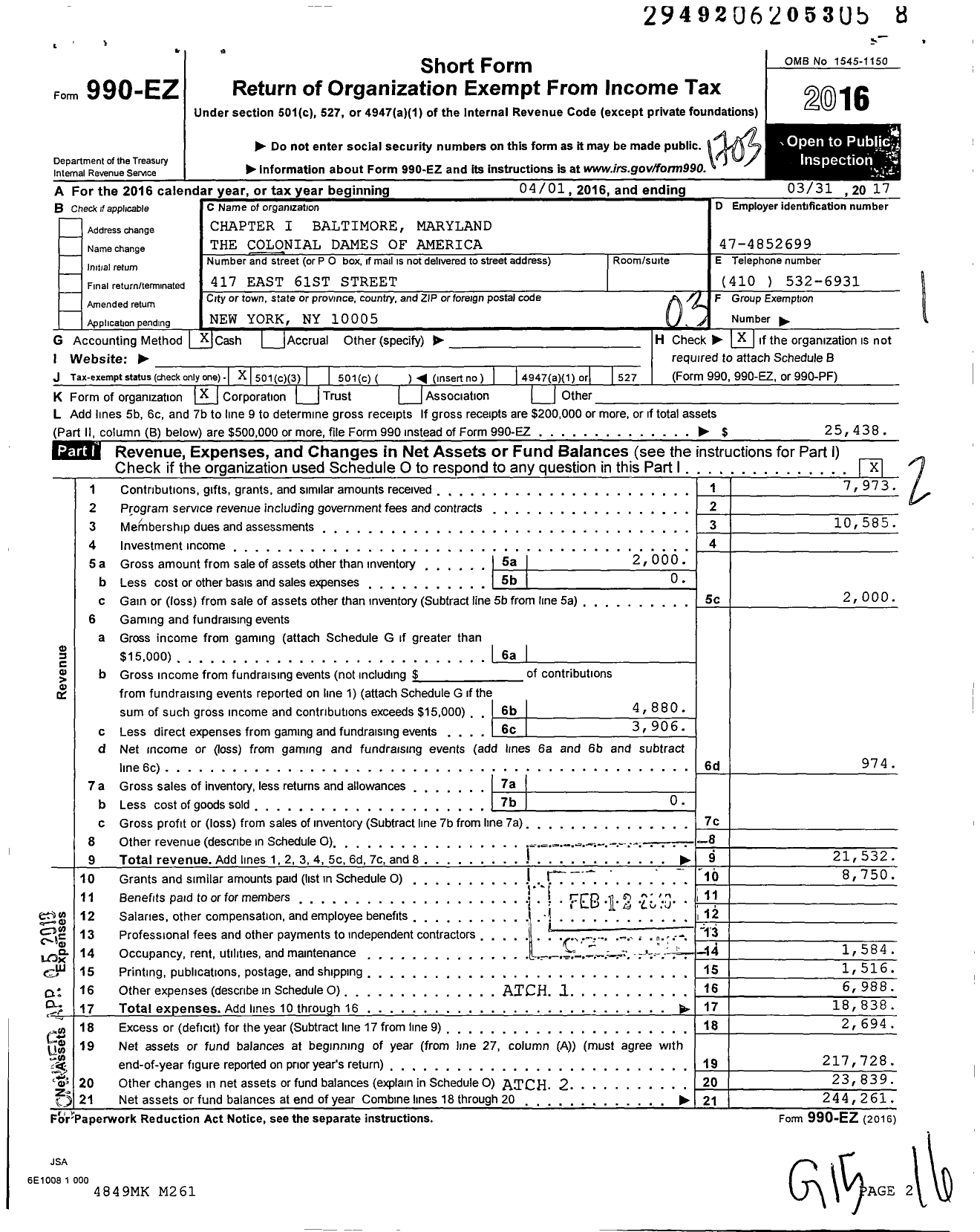 Image of first page of 2016 Form 990EZ for Colonial Dames of America / I Baltimore Chapter