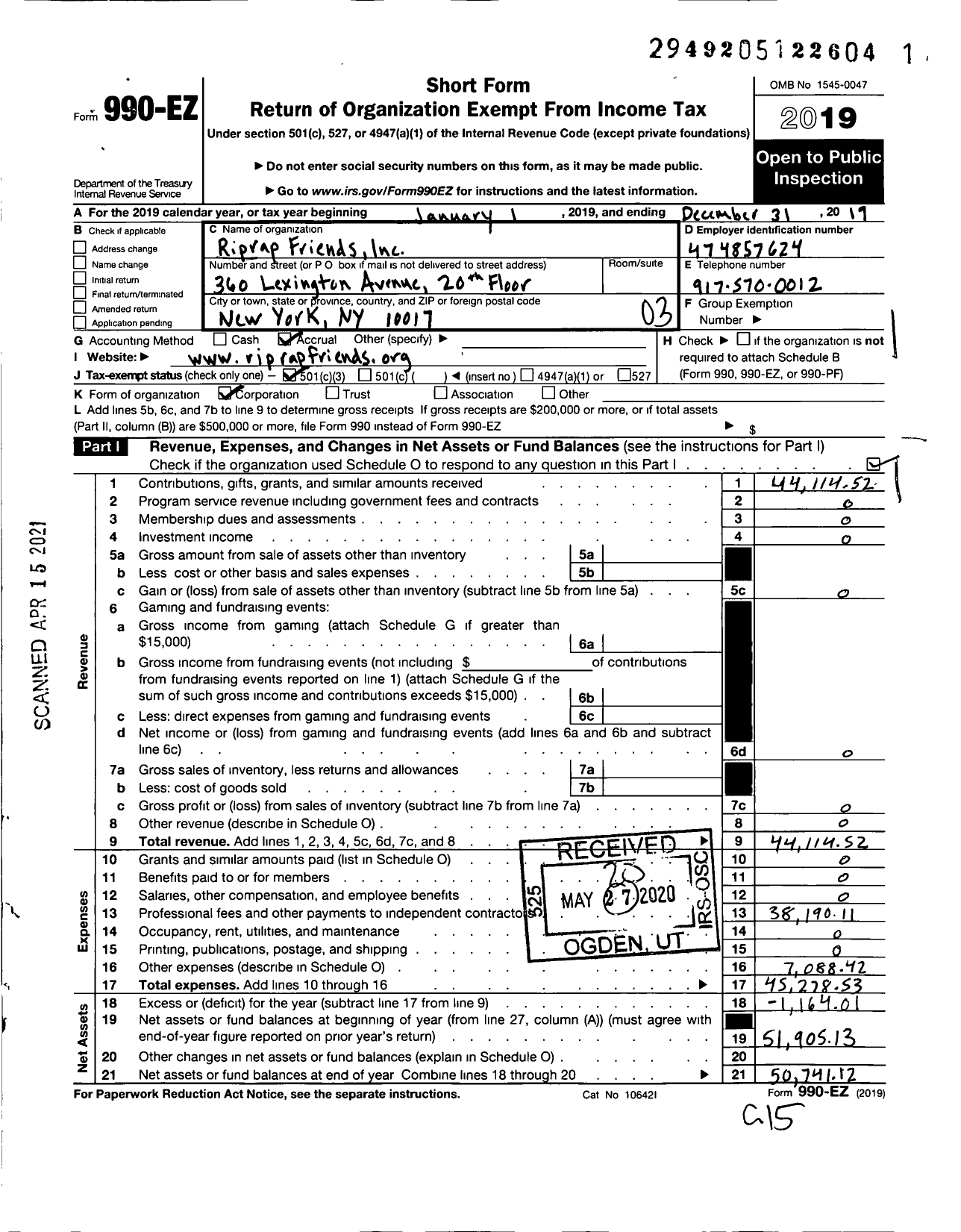 Image of first page of 2019 Form 990EZ for Riprap Friends