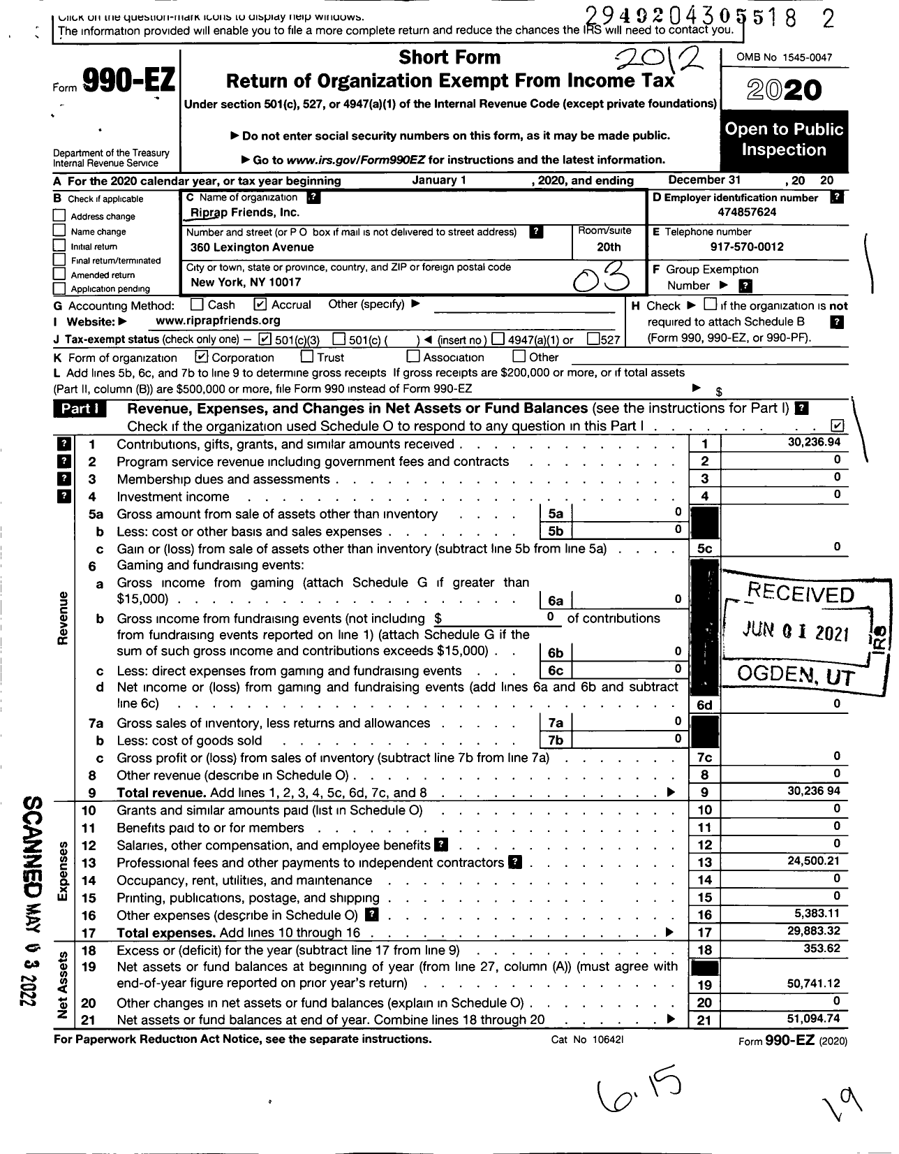 Image of first page of 2020 Form 990EZ for Riprap Friends