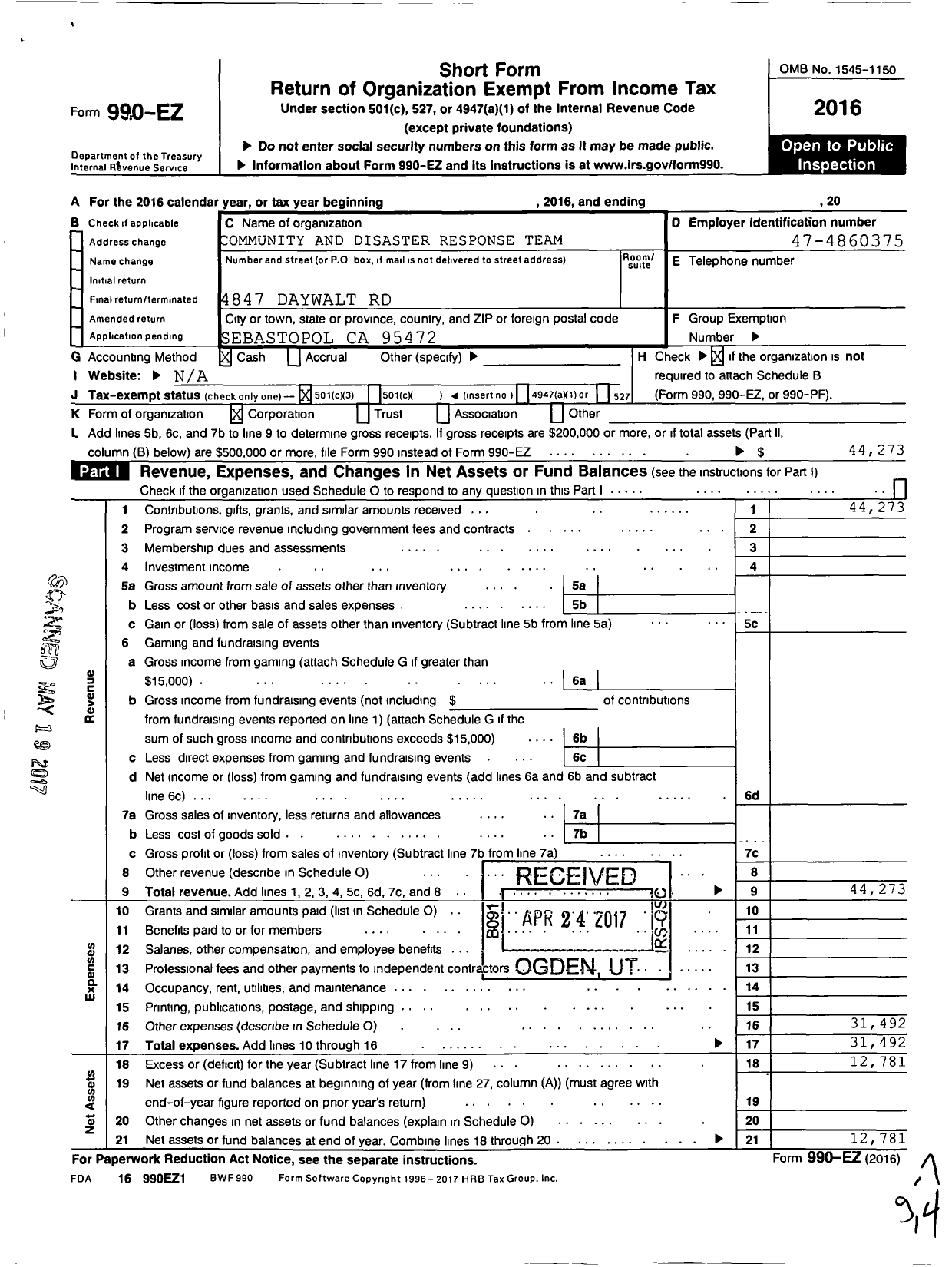 Image of first page of 2016 Form 990EZ for Community and Disaster Response Team