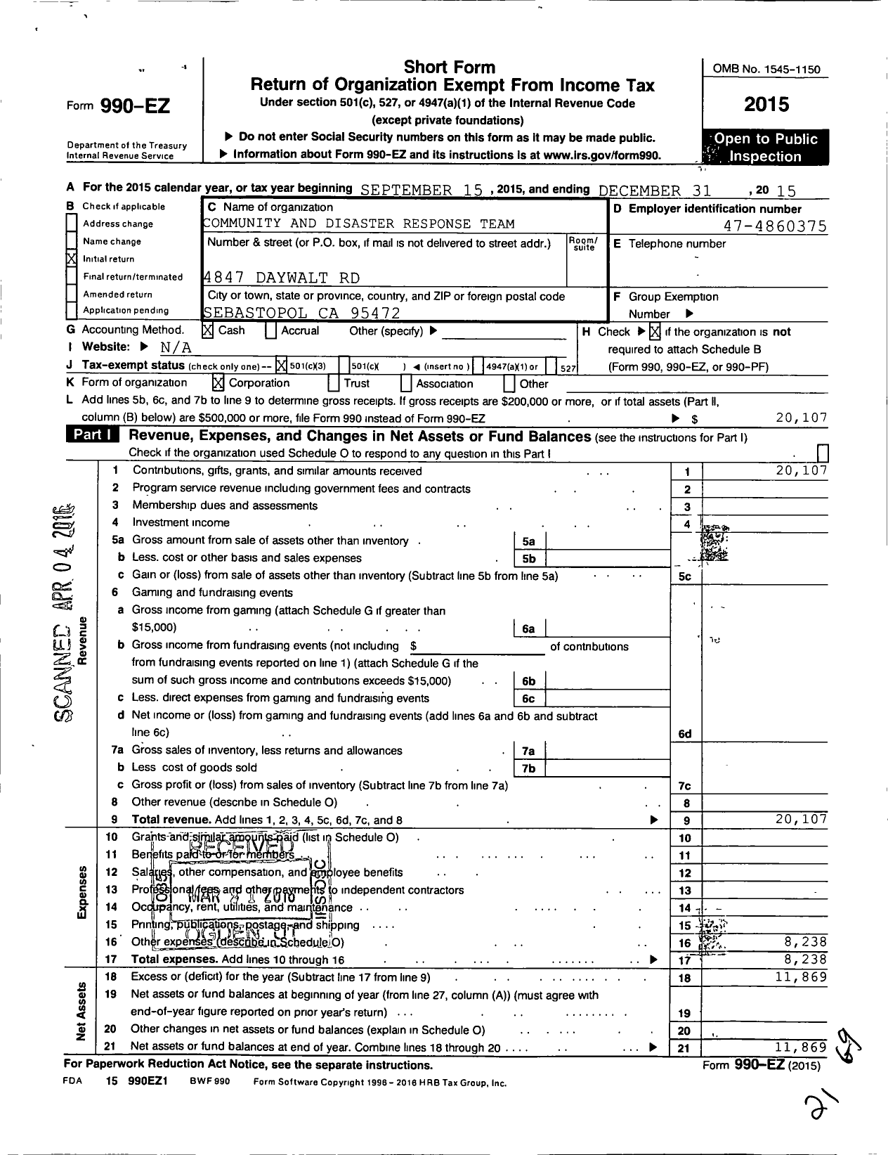 Image of first page of 2015 Form 990EZ for Community and Disaster Response Team