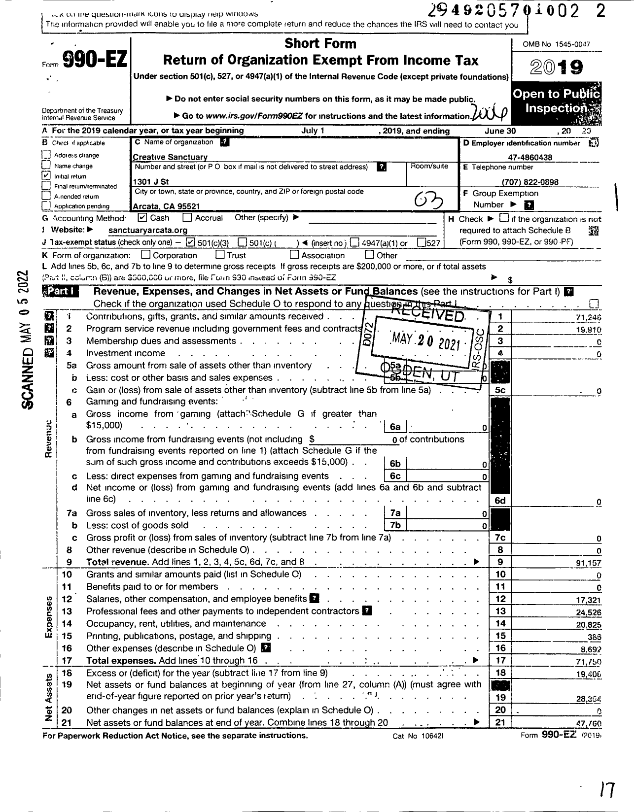 Image of first page of 2019 Form 990EZ for Creative Sanctuary