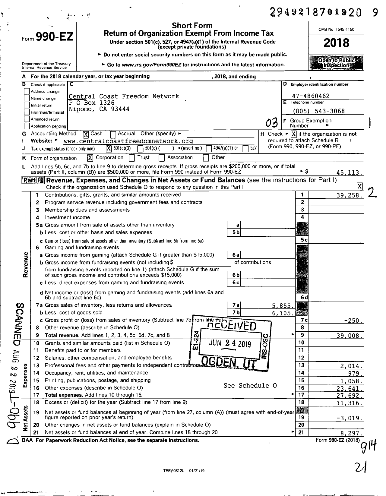 Image of first page of 2018 Form 990EZ for Central Coast Freedom Network