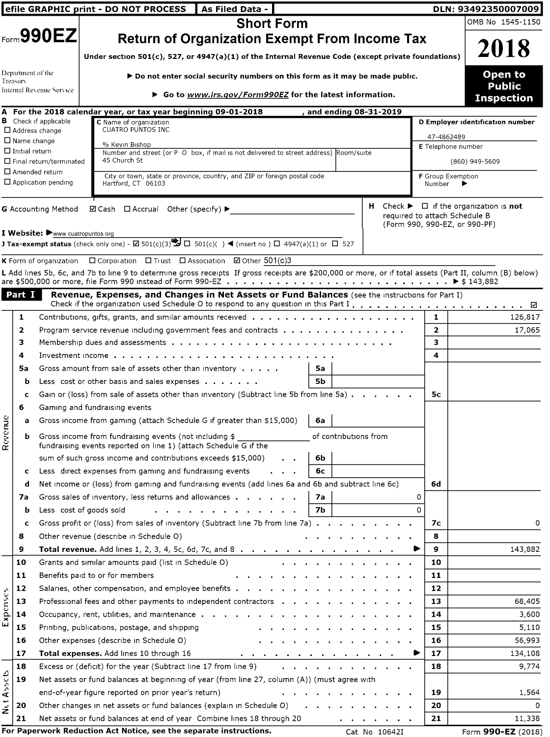 Image of first page of 2018 Form 990EZ for Cuatro Puntos