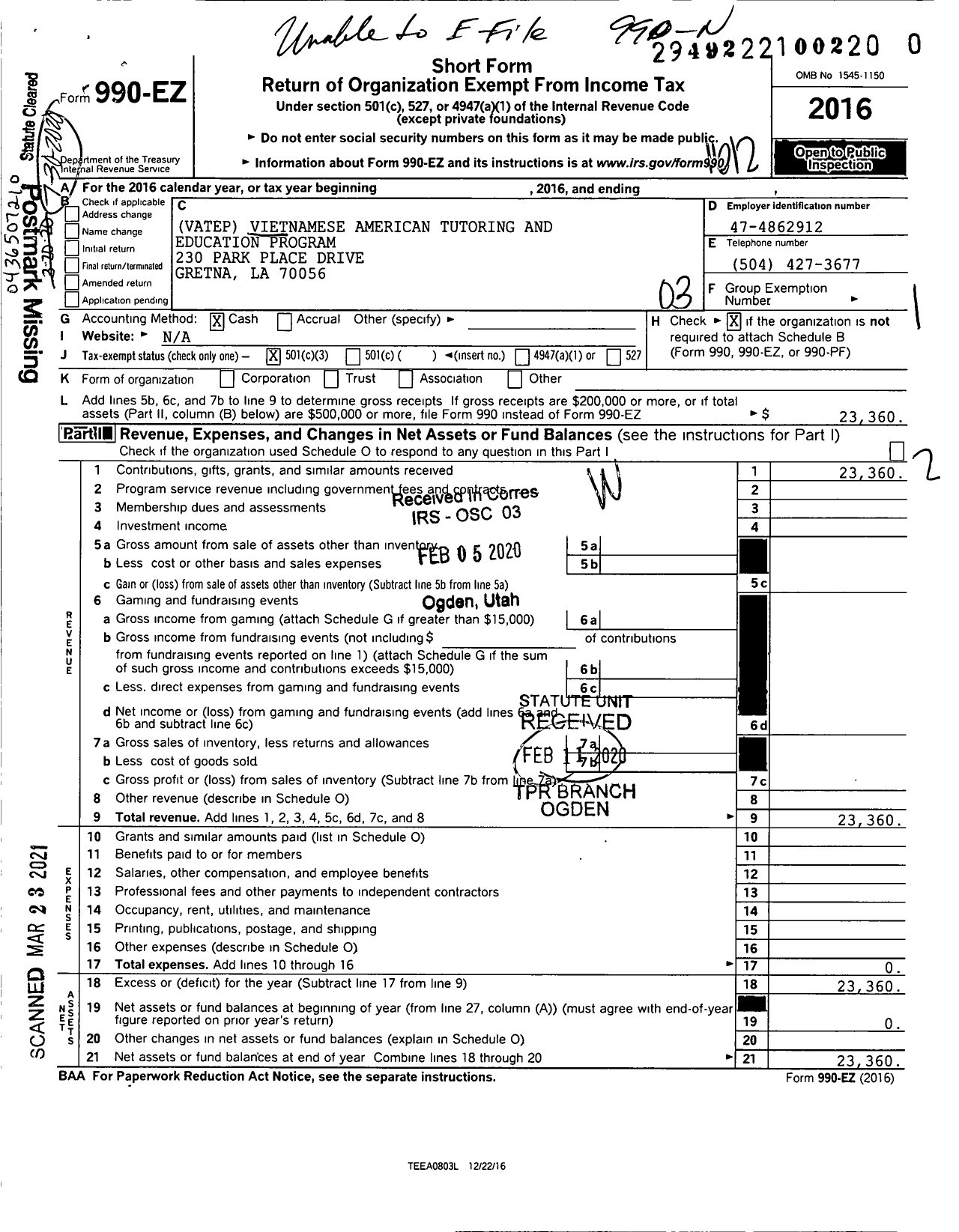 Image of first page of 2016 Form 990EZ for Vatep Vietnamese American Tutoring and Education Program