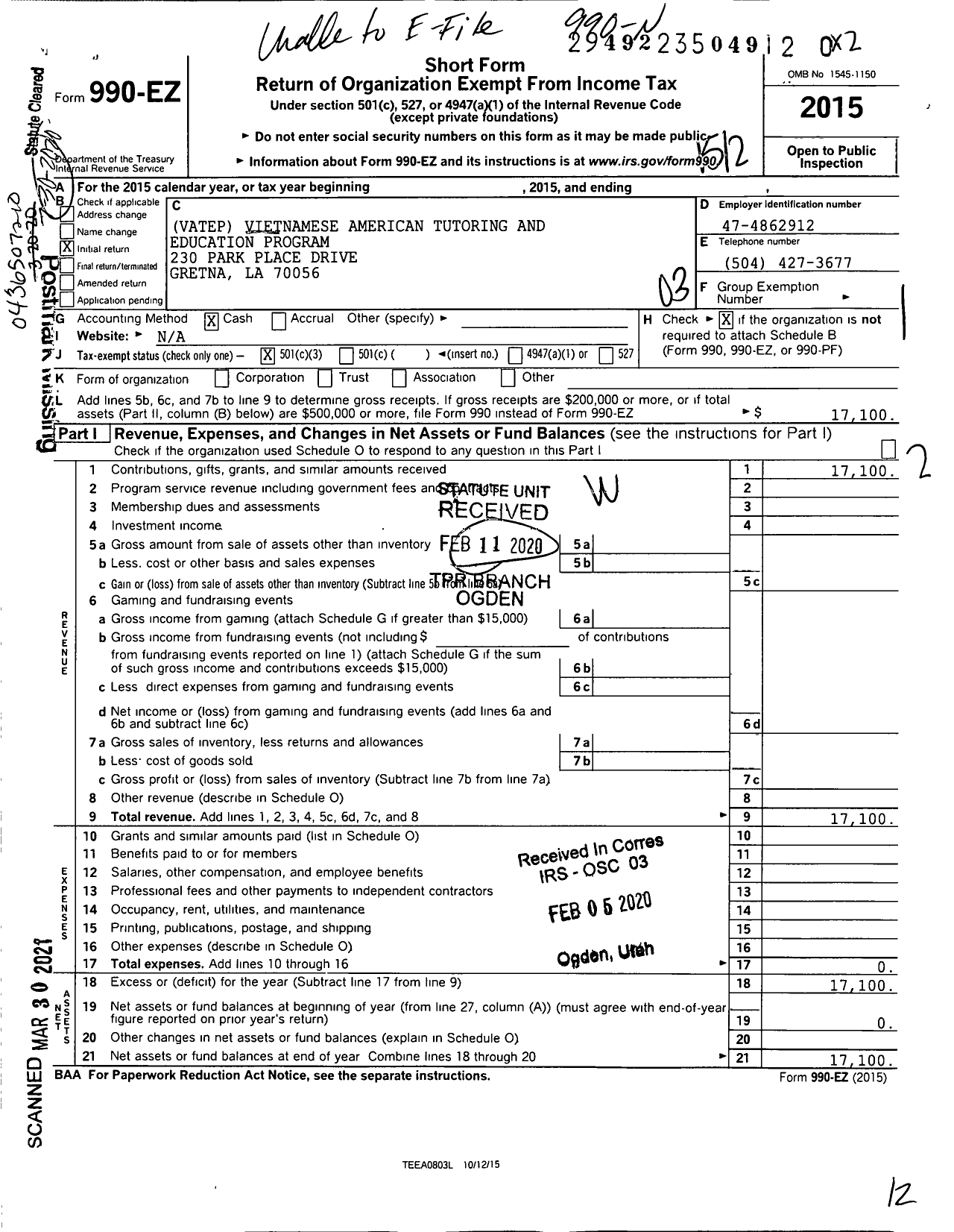 Image of first page of 2015 Form 990EZ for Vatep Vietnamese American Tutoring and Education Program