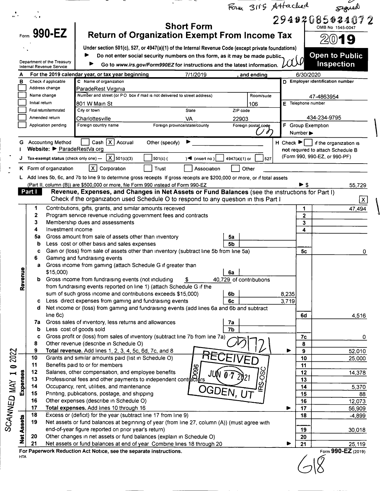 Image of first page of 2019 Form 990EZ for ParadeRest Virginia