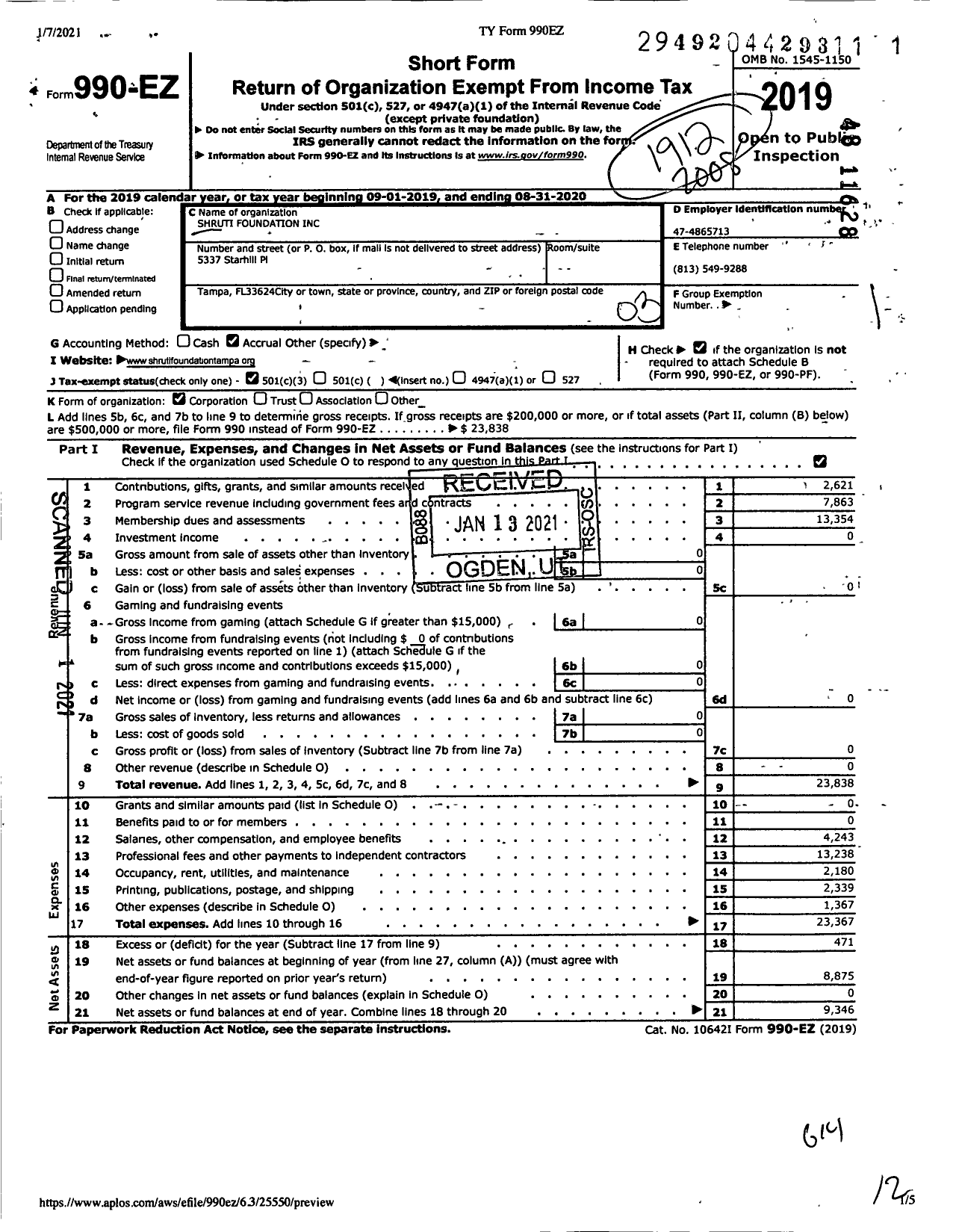 Image of first page of 2019 Form 990EZ for Shruti Foundation