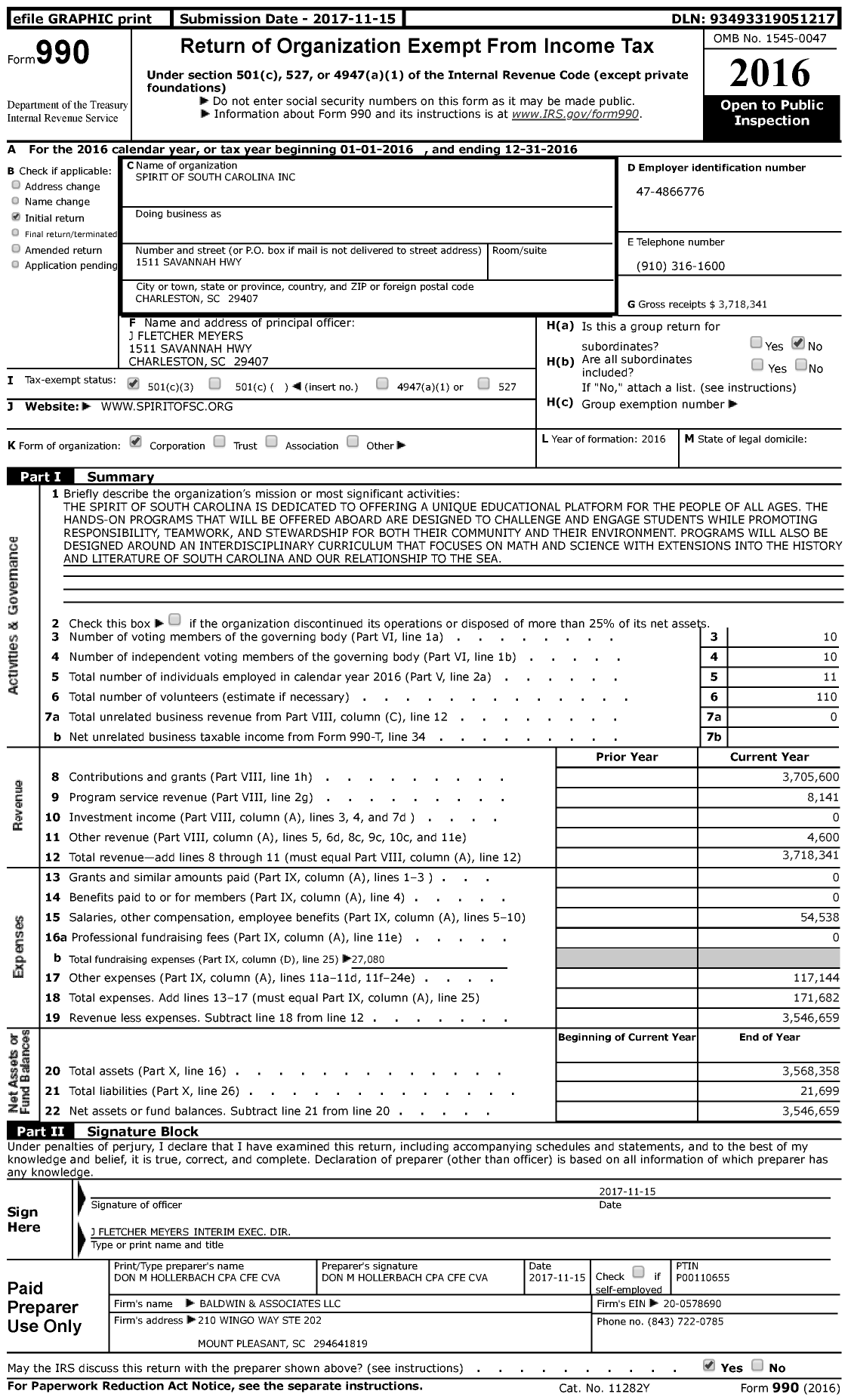 Image of first page of 2016 Form 990 for Spirit of South Carolina