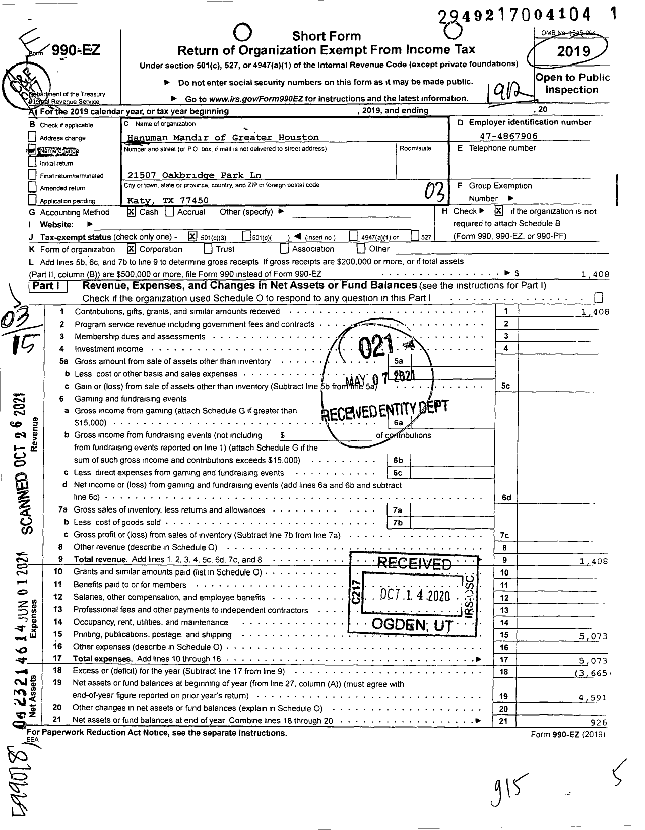Image of first page of 2019 Form 990EZ for Hanuman Mandir of Greater Houston