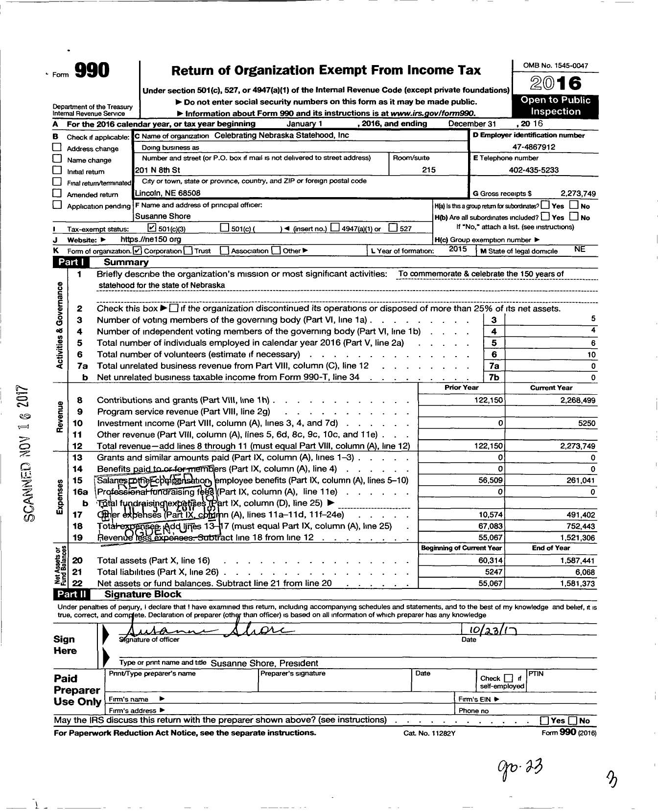 Image of first page of 2016 Form 990 for Nebraska Impact