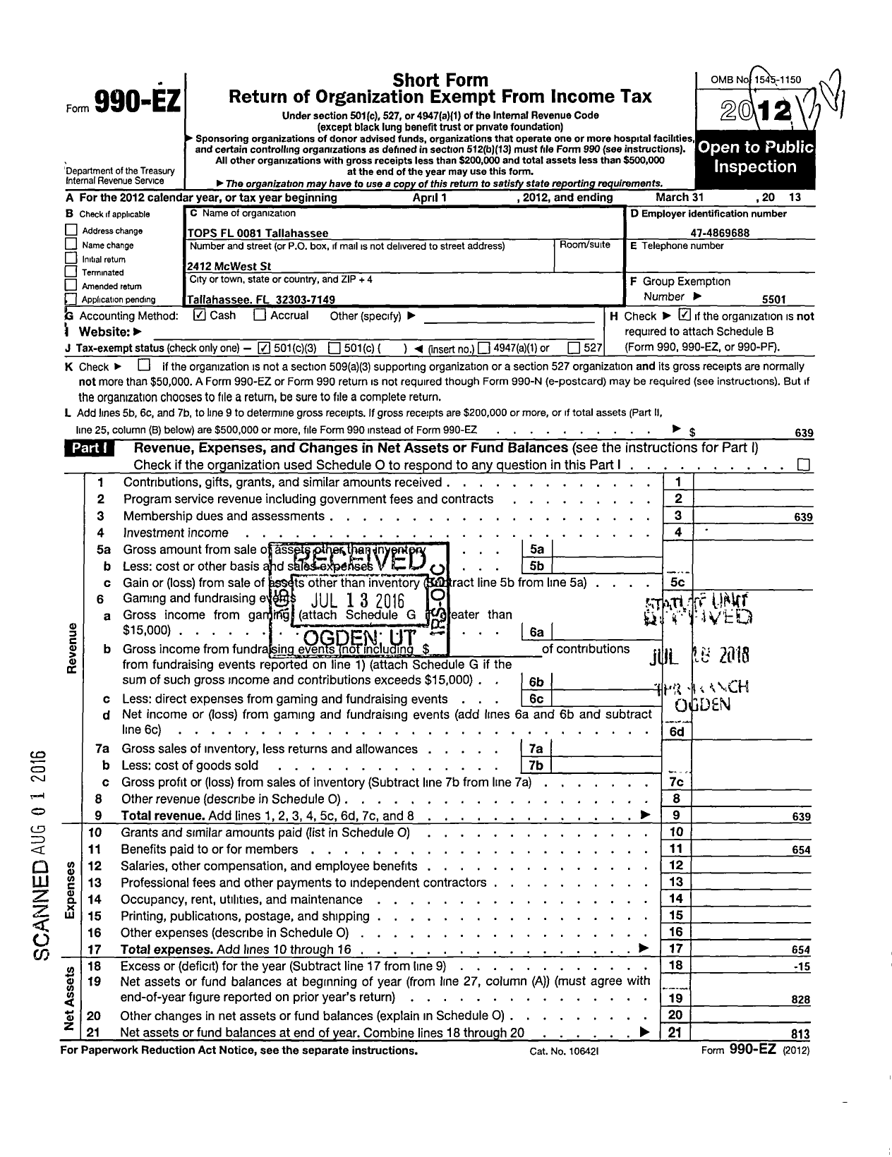 Image of first page of 2012 Form 990EZ for Tops Club - 0081 Tops FL Tallahassee