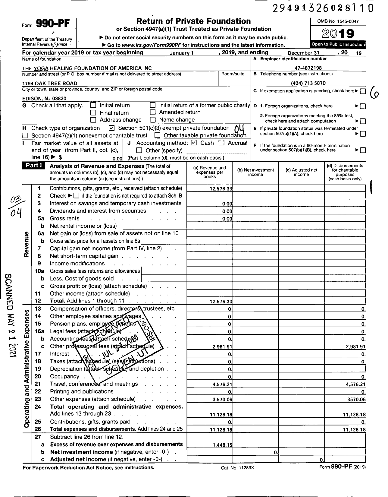 Image of first page of 2019 Form 990PF for The Yoga Healing Foundation of America