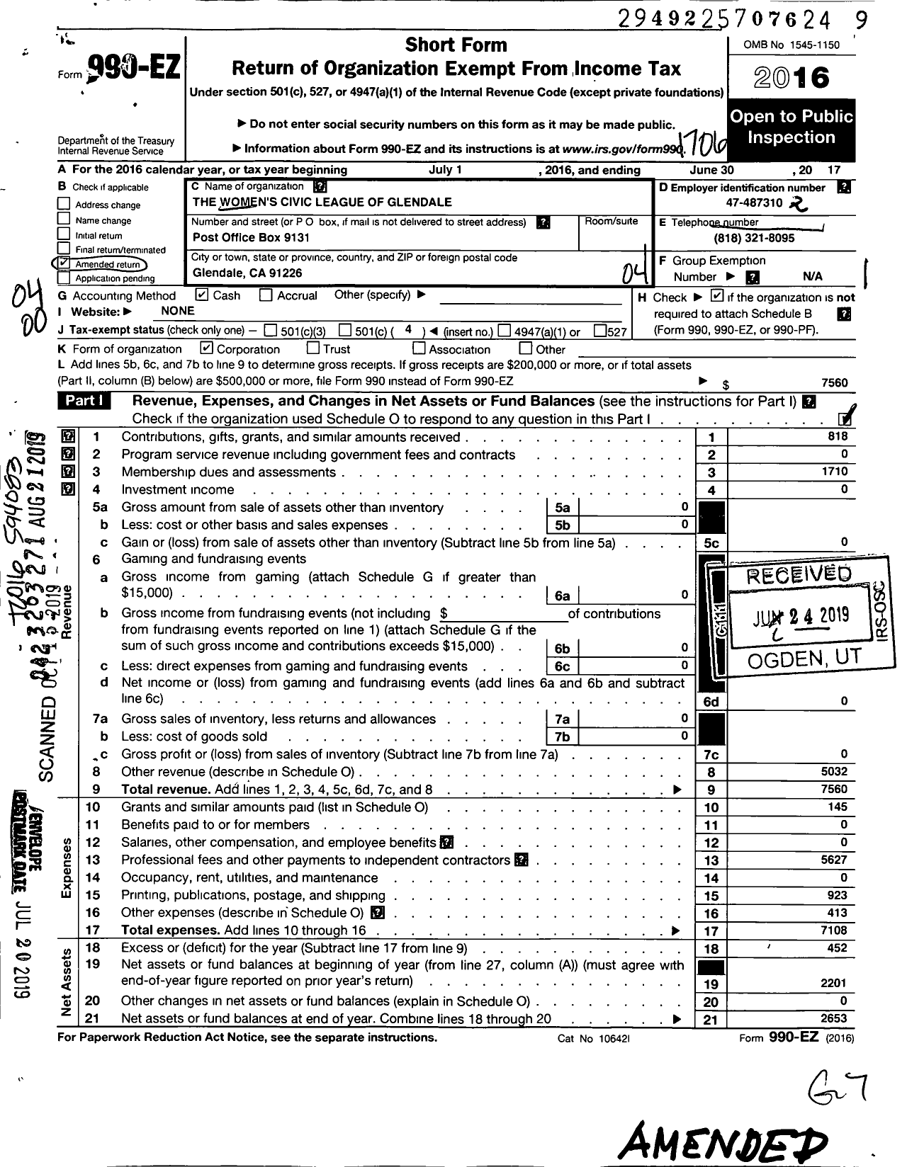 Image of first page of 2016 Form 990EO for The Womens Civic League of Glendale