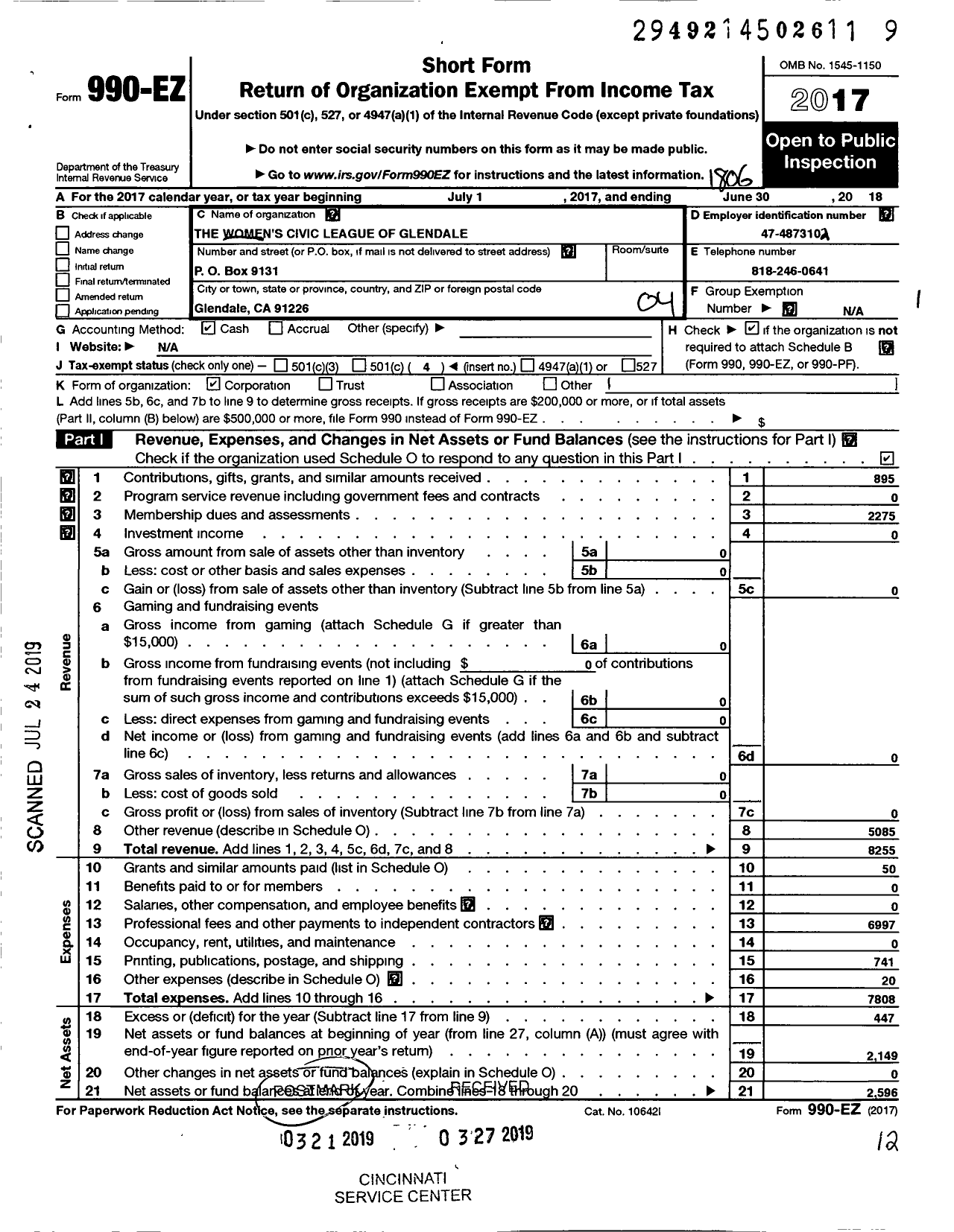 Image of first page of 2017 Form 990EO for The Womens Civic League of Glendale