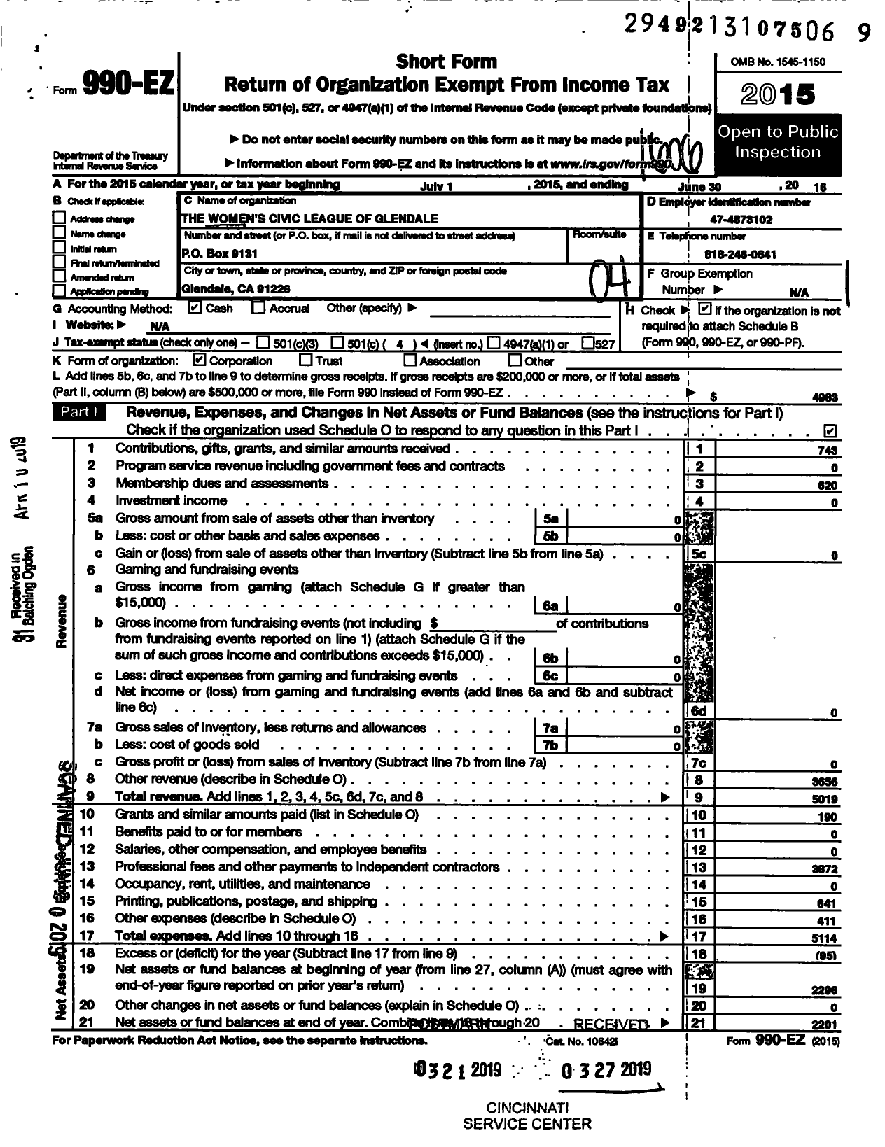 Image of first page of 2015 Form 990EO for The Womens Civic League of Glendale