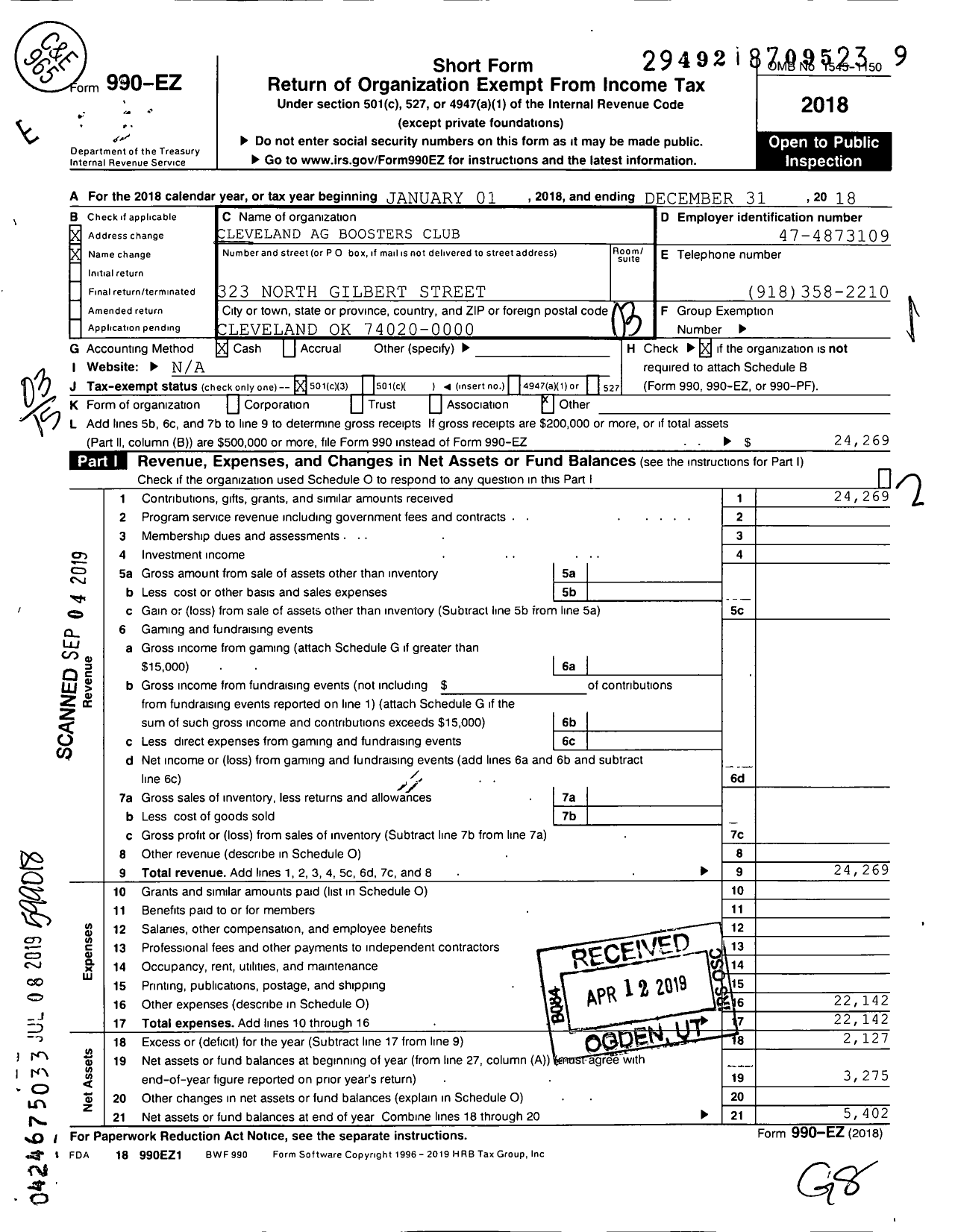 Image of first page of 2018 Form 990EZ for Cleveland Ag Boosters Club