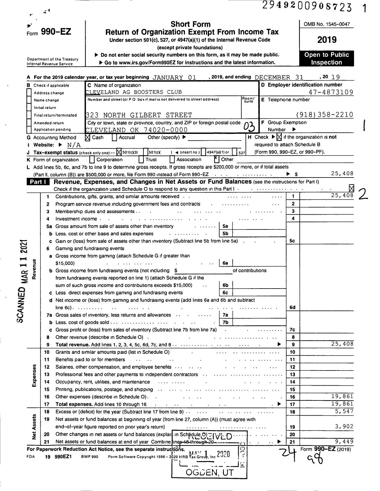 Image of first page of 2019 Form 990EZ for Cleveland Ag Boosters Club