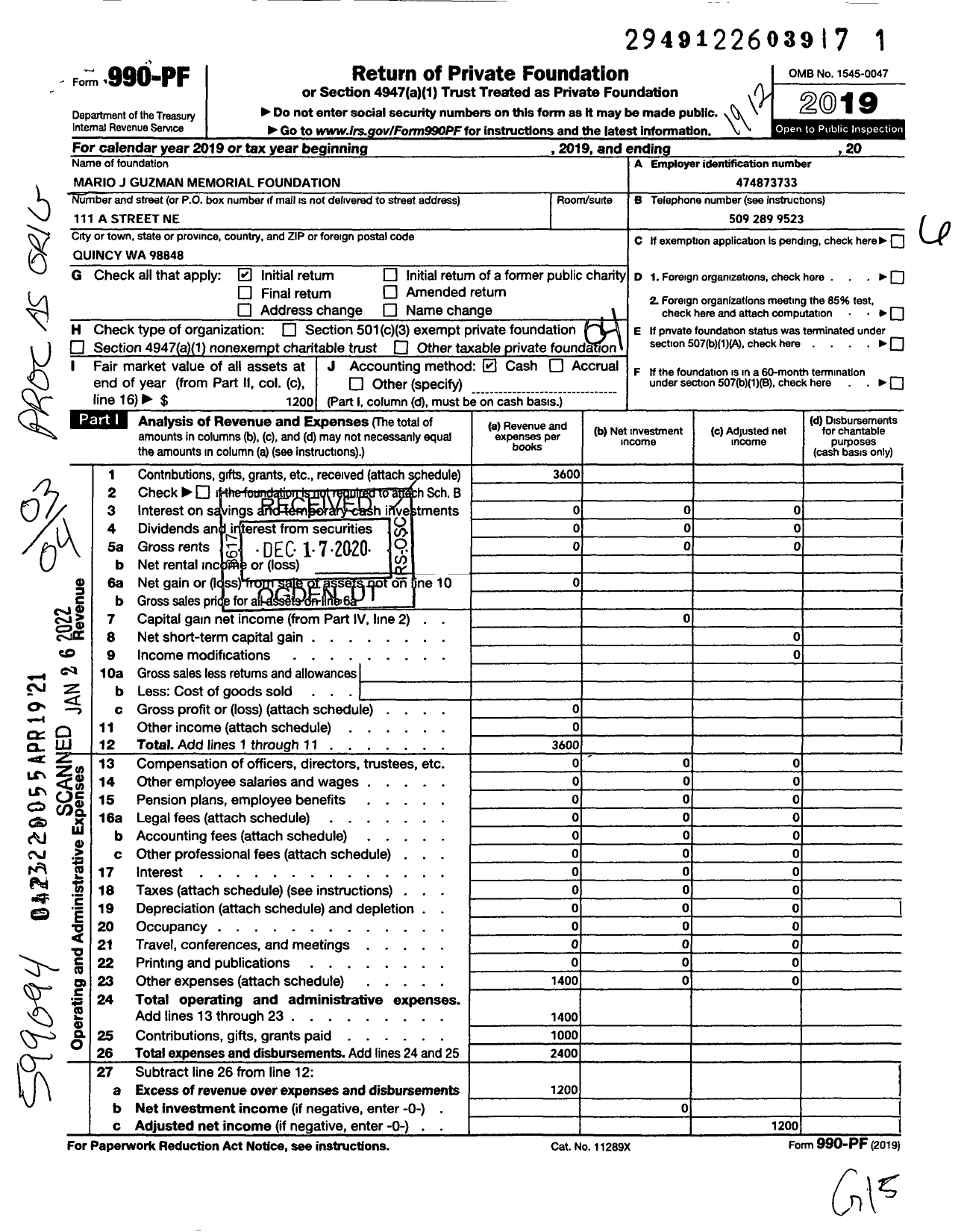 Image of first page of 2019 Form 990PF for Mario J Guzman Memorial Foundation