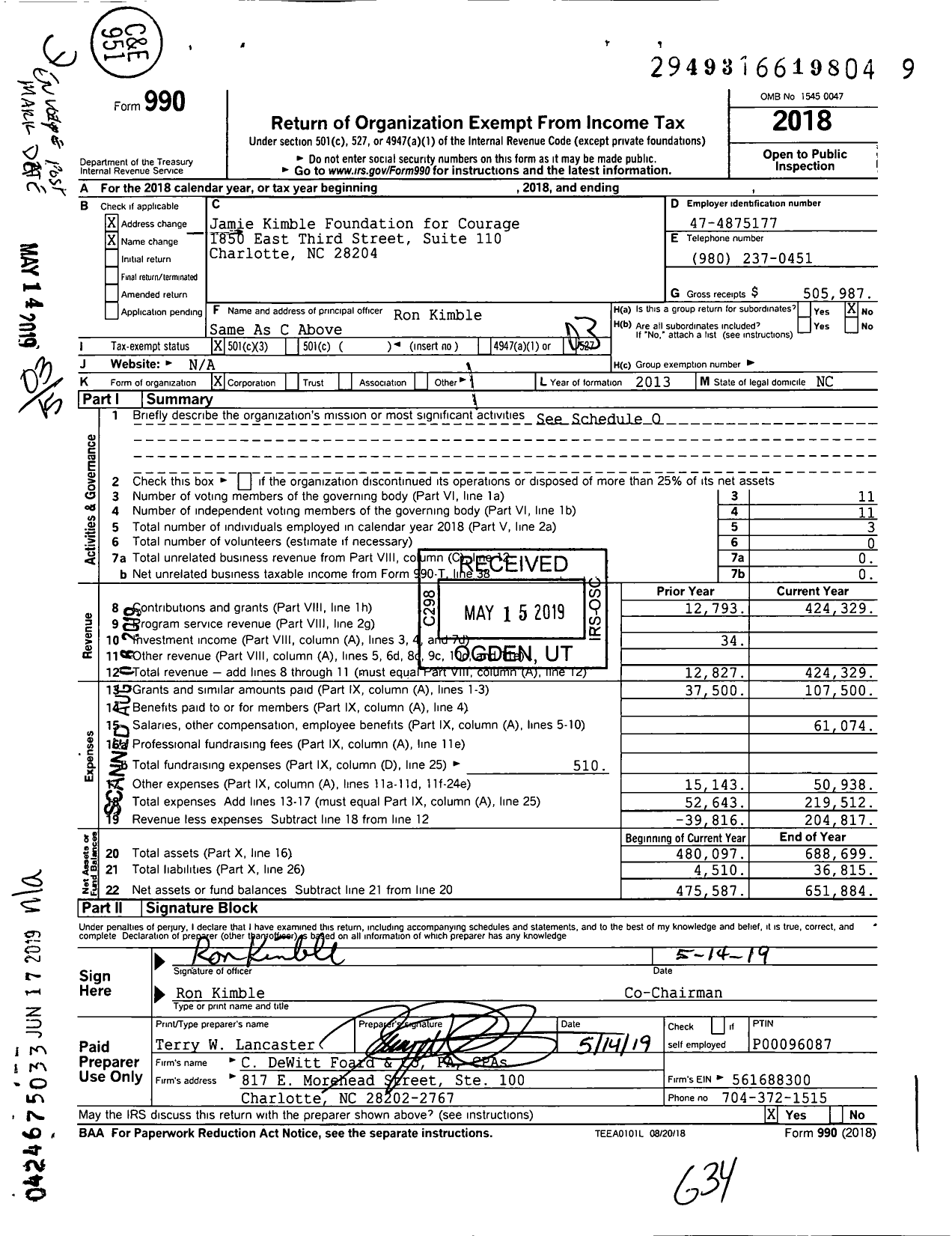 Image of first page of 2018 Form 990 for Jamie Kimble Foundation for Courage