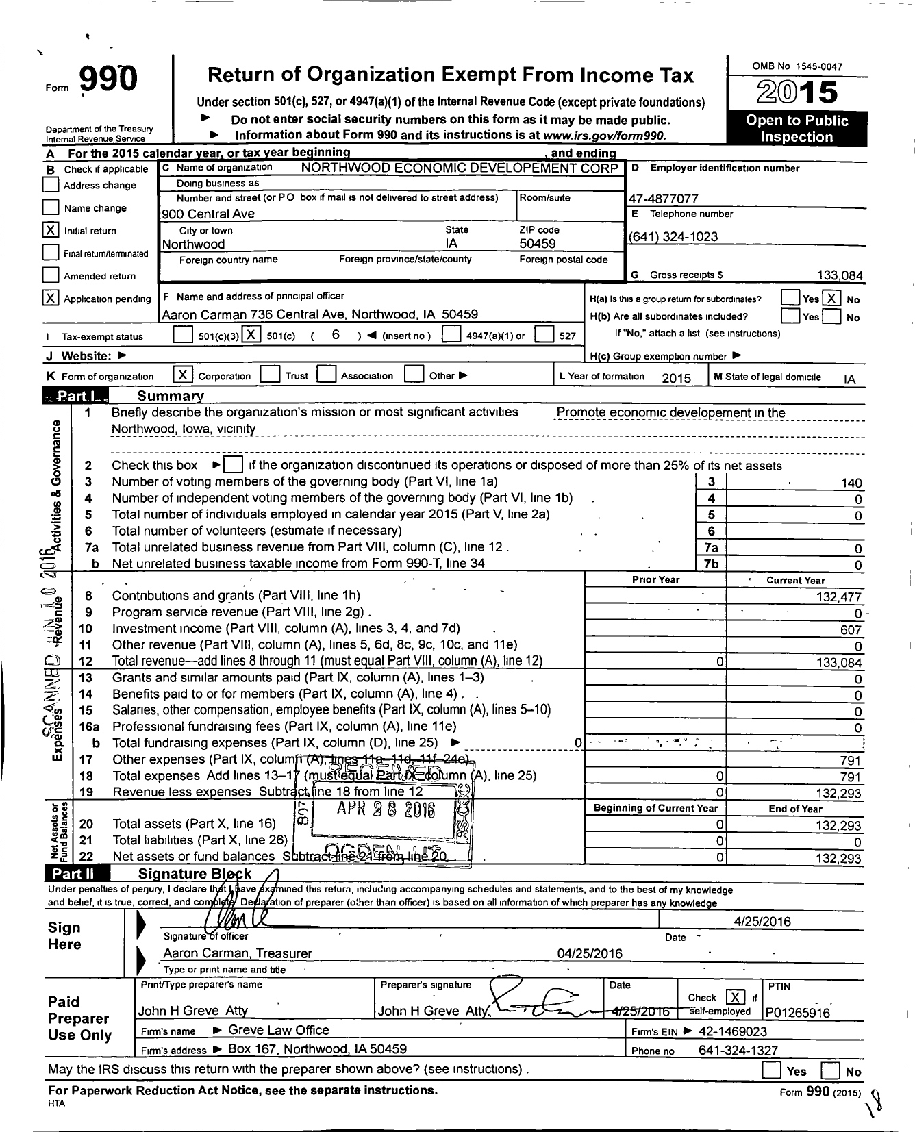 Image of first page of 2015 Form 990O for Northwood Economic Development Corporation