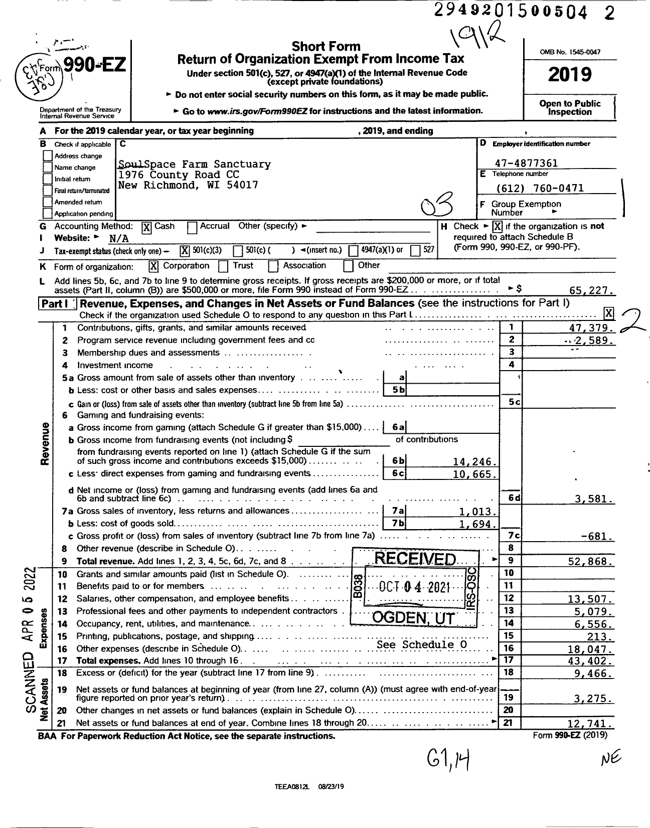 Image of first page of 2019 Form 990EZ for SoulSpace Space Farm Sanctuary