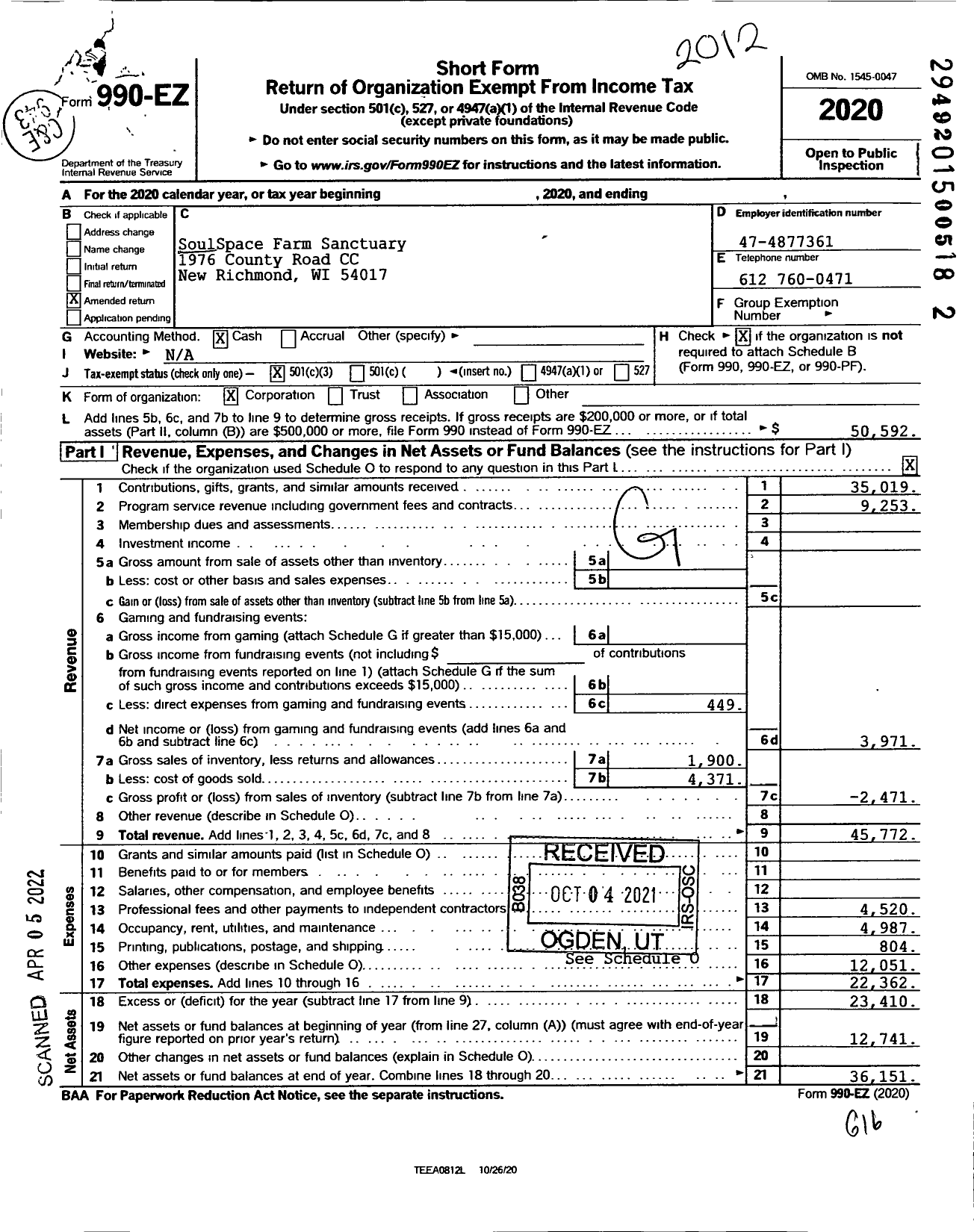 Image of first page of 2020 Form 990EZ for SoulSpace Space Farm Sanctuary