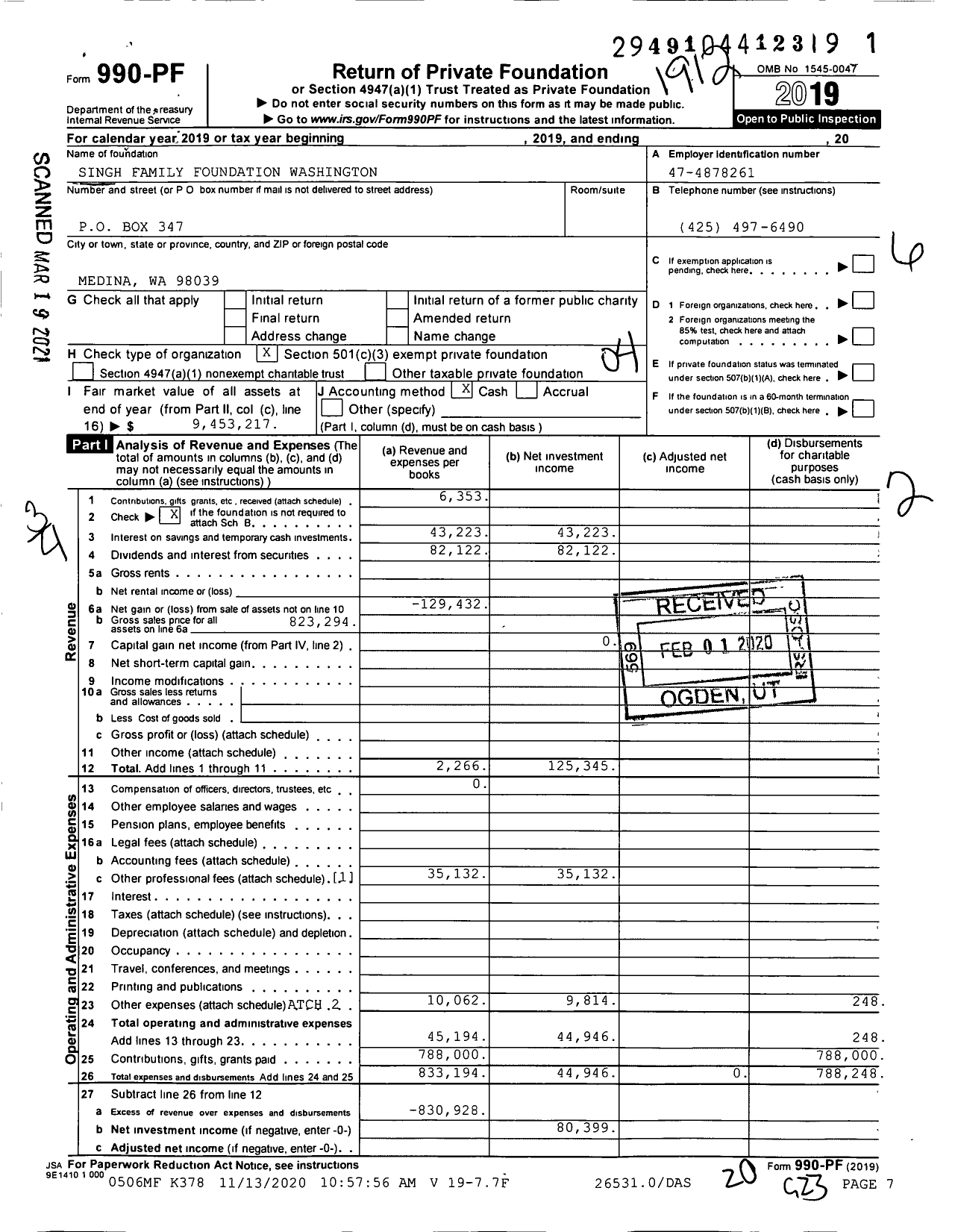 Image of first page of 2019 Form 990PF for Singh Family Foundation Washington