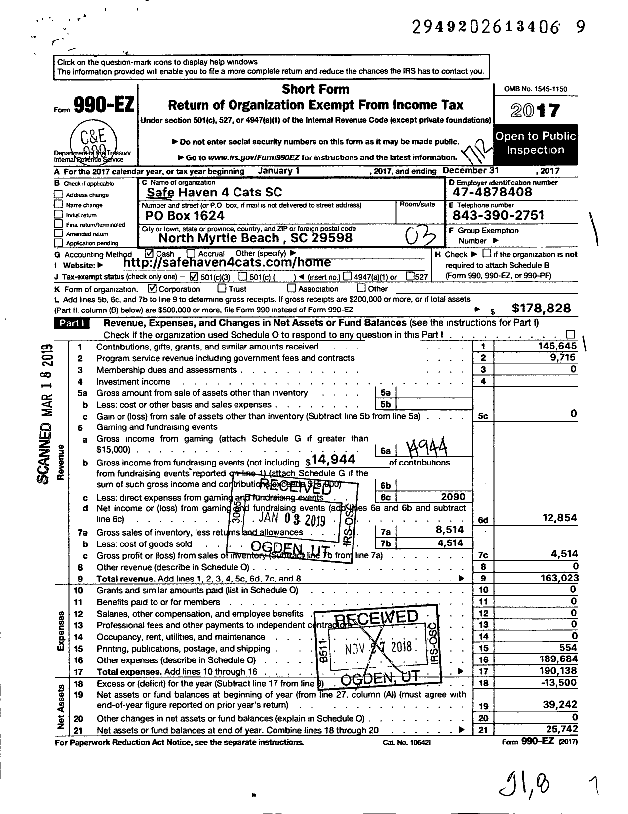 Image of first page of 2017 Form 990EZ for Safe Haven 4 Cats SC