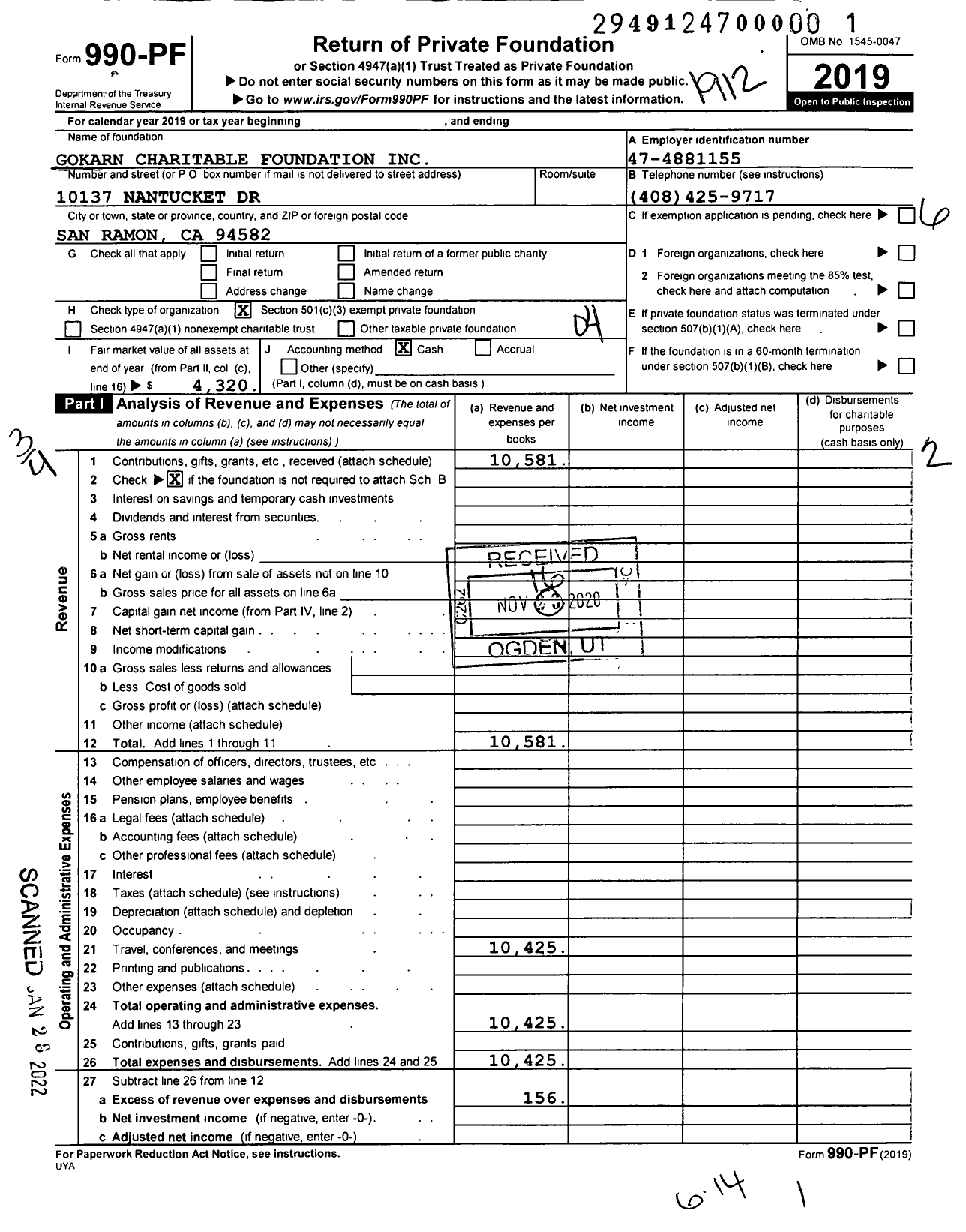 Image of first page of 2019 Form 990PF for Gokarn Charitable Foundation