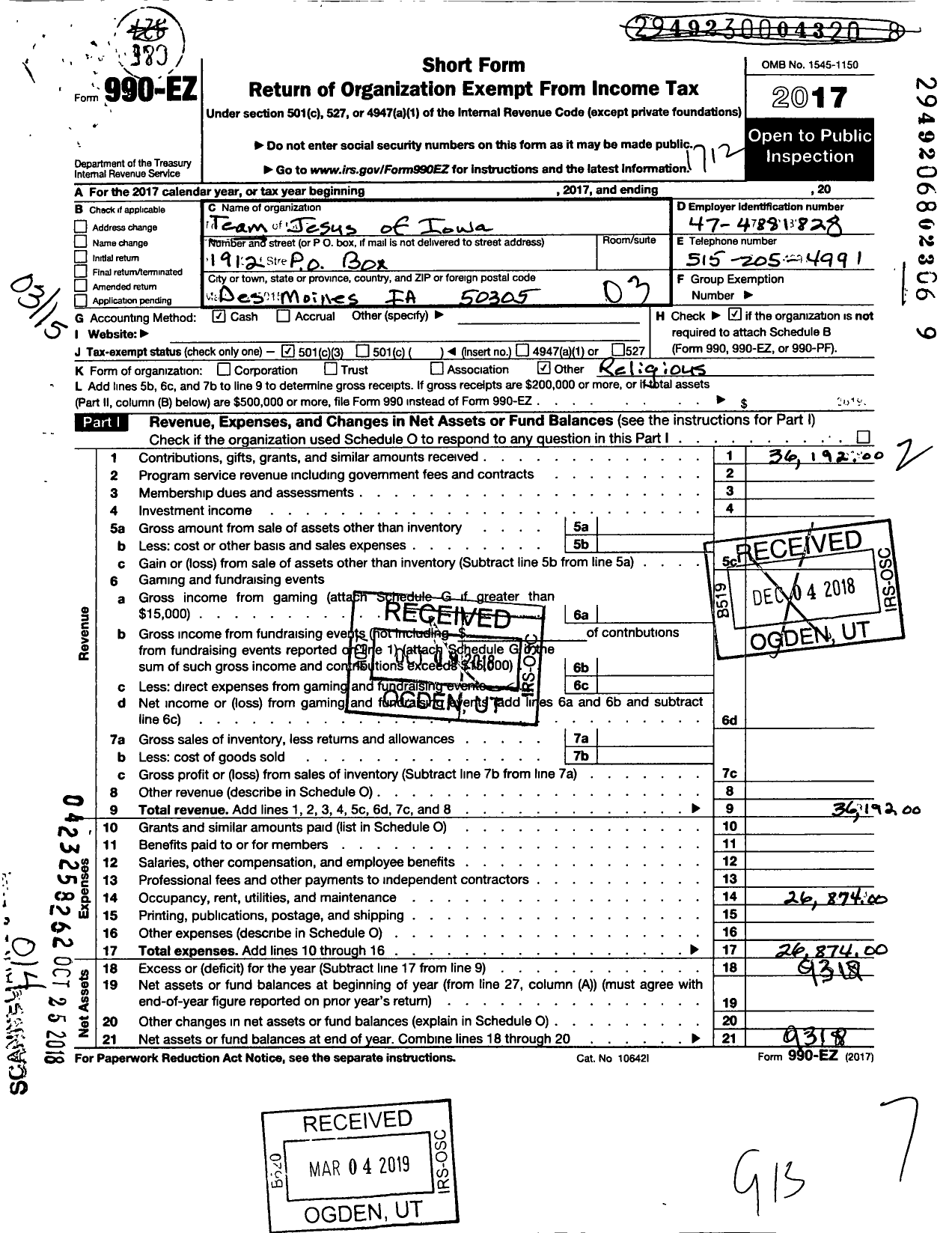 Image of first page of 2017 Form 990EZ for Team Jesus of Iowa