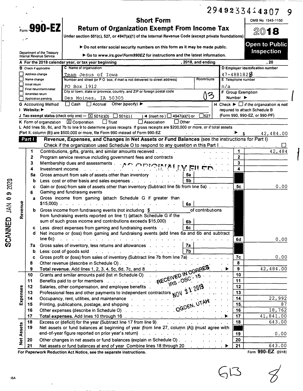 Image of first page of 2018 Form 990EZ for Team Jesus of Iowa