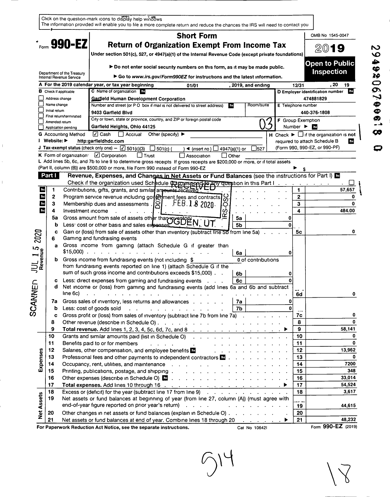 Image of first page of 2019 Form 990EZ for Garfield Human Development Corporation