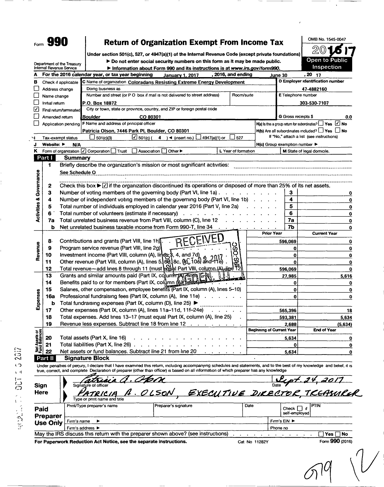 Image of first page of 2016 Form 990O for Coloradans Resisting Extreme Energy Development (CREED)