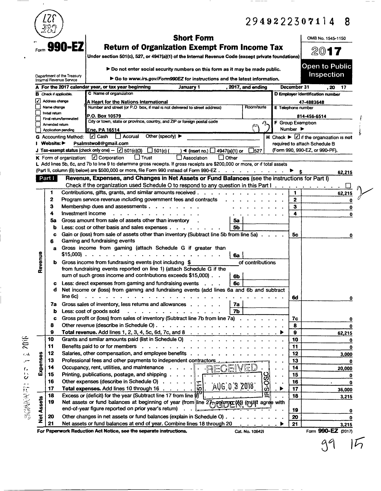 Image of first page of 2017 Form 990EZ for A Heart For The Nations International