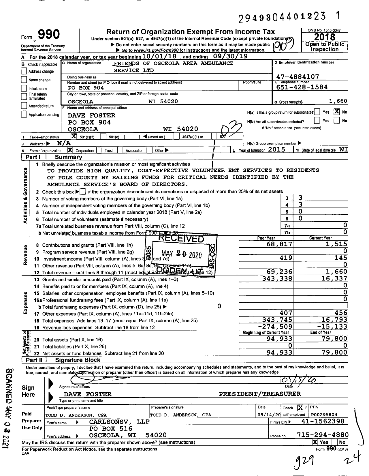 Image of first page of 2018 Form 990 for Friends of Osceola Area Ambulance Service
