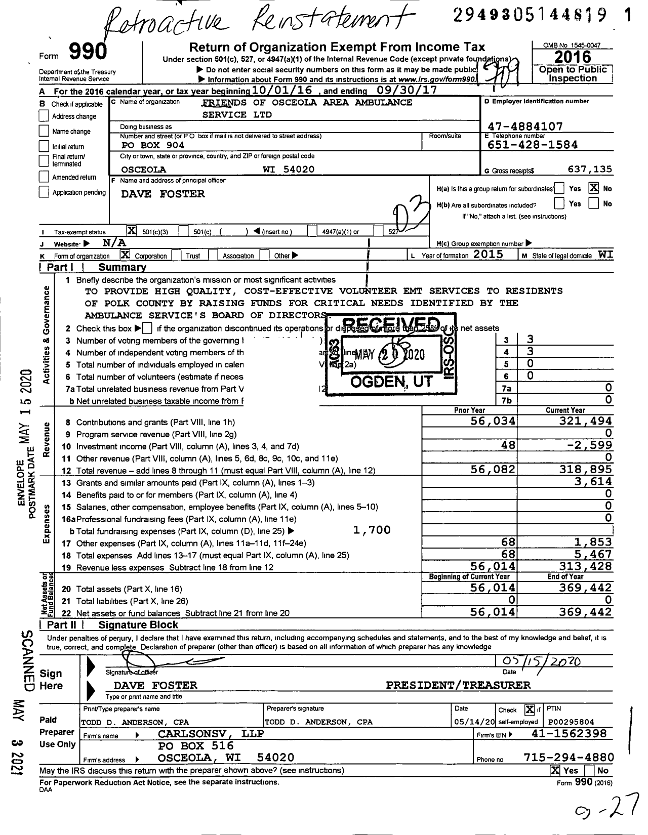 Image of first page of 2016 Form 990 for Friends of Osceola Area Ambulance Service