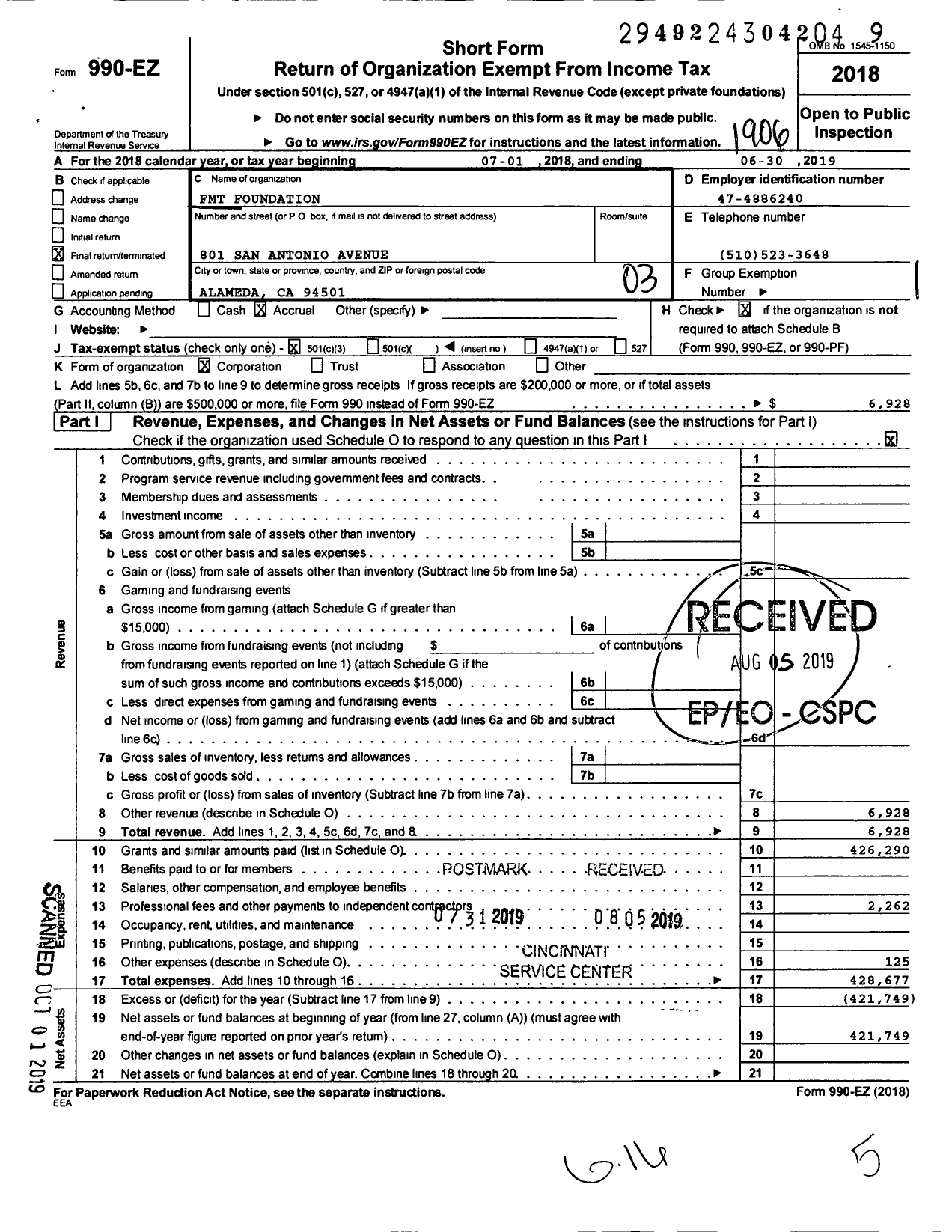 Image of first page of 2018 Form 990EZ for FMT Foundation