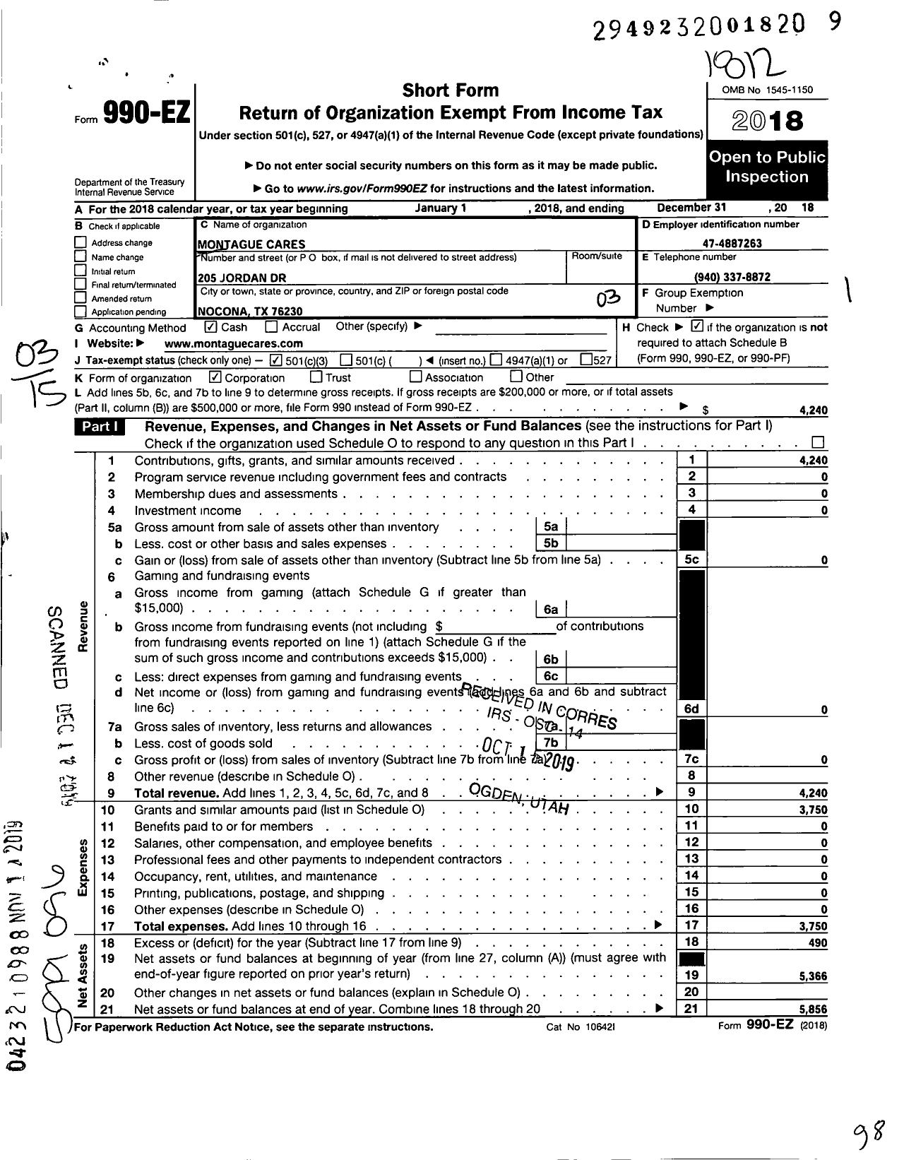 Image of first page of 2018 Form 990EZ for Montague Cares