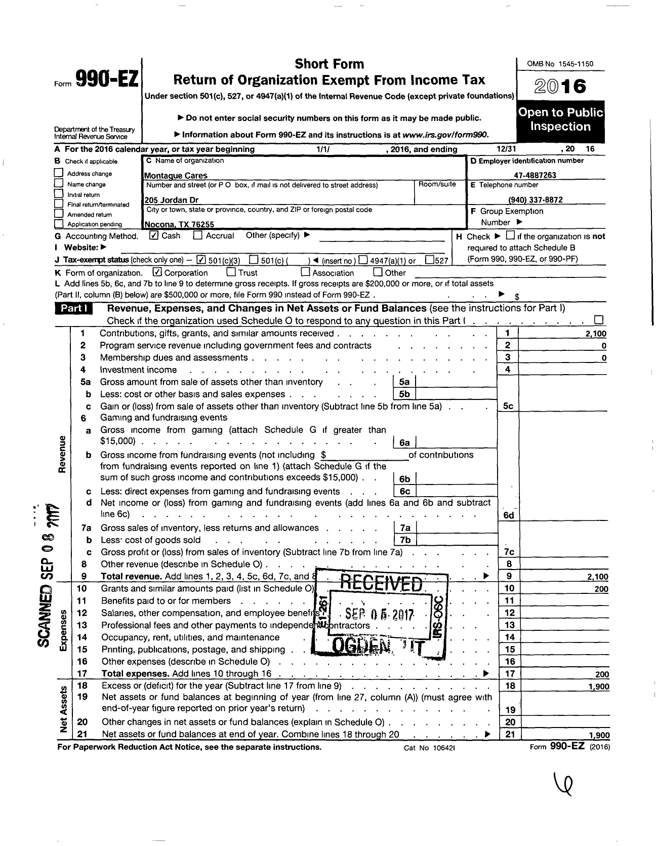 Image of first page of 2016 Form 990EZ for Montague Cares