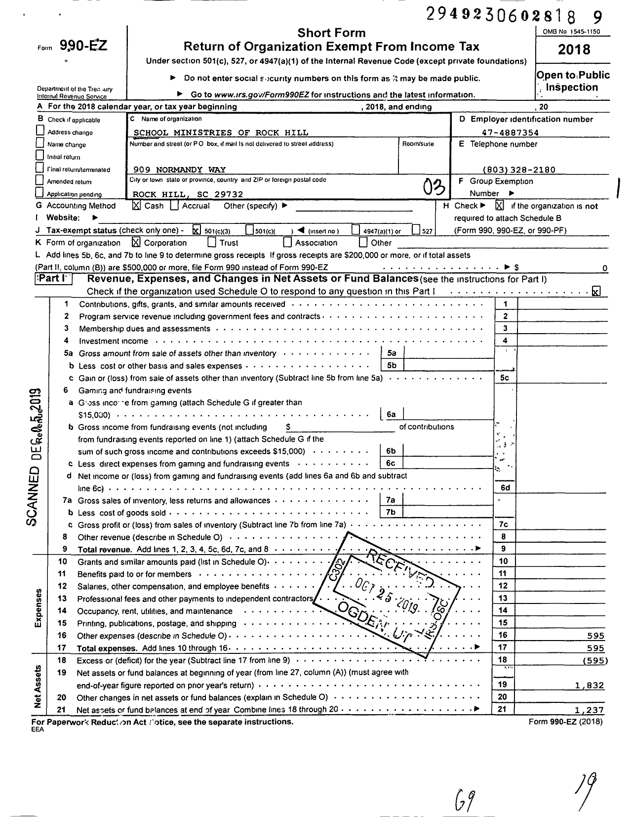 Image of first page of 2018 Form 990EZ for School Ministries of Rock Hill