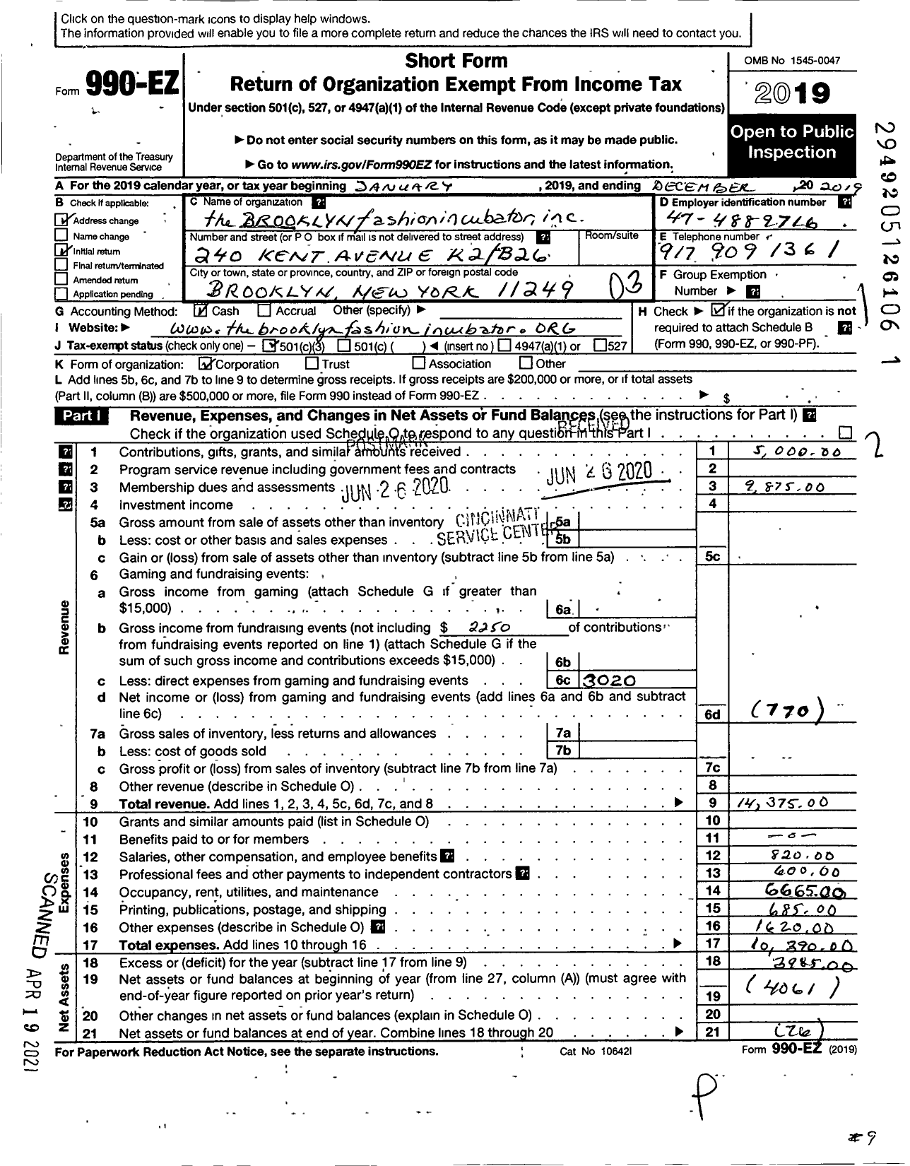 Image of first page of 2019 Form 990EZ for Brooklyn Fashion Incubator